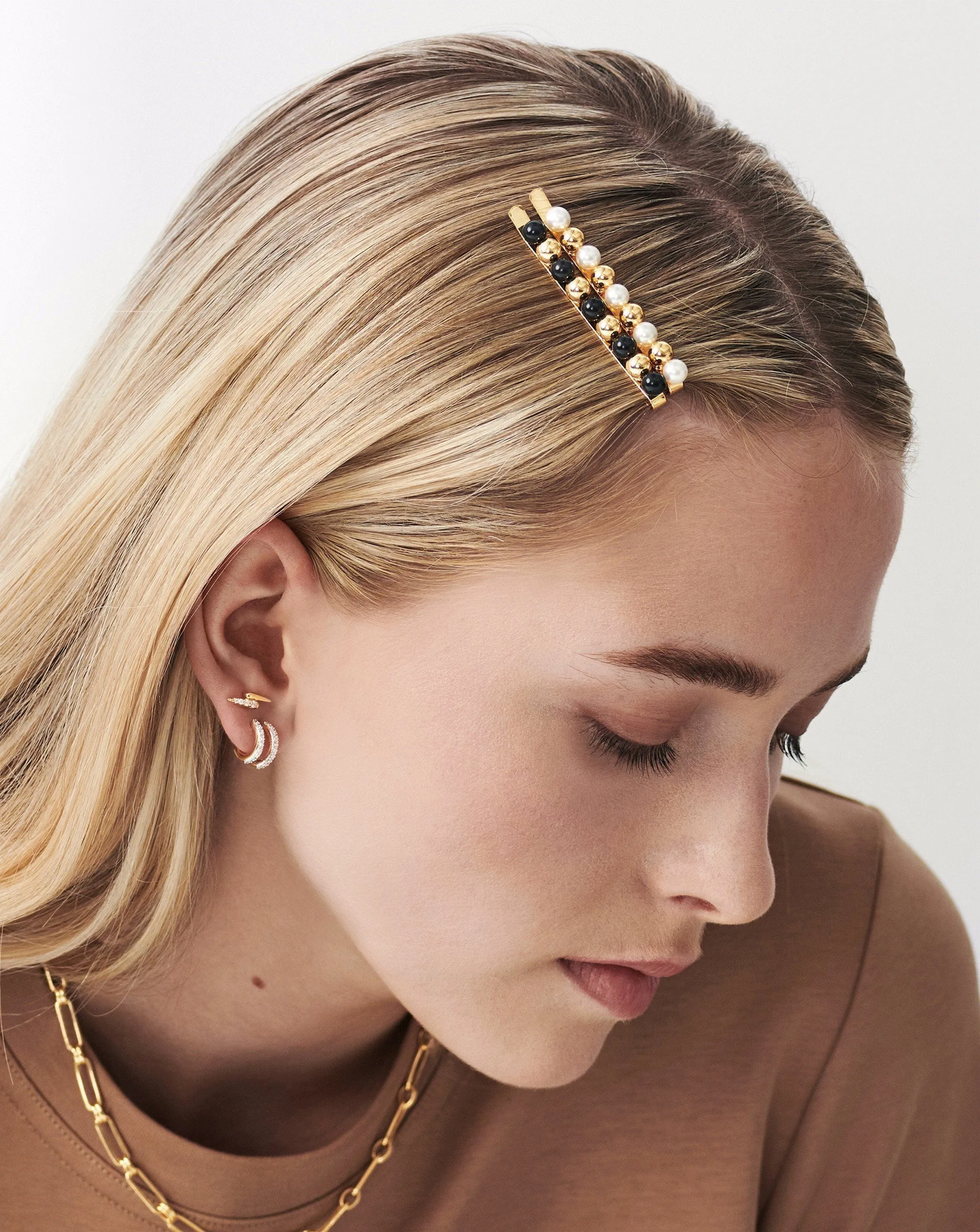 Mini Sphere Beaded Hair Clip Set | 18ct Gold Plated/Faux Pearl and Black Bead