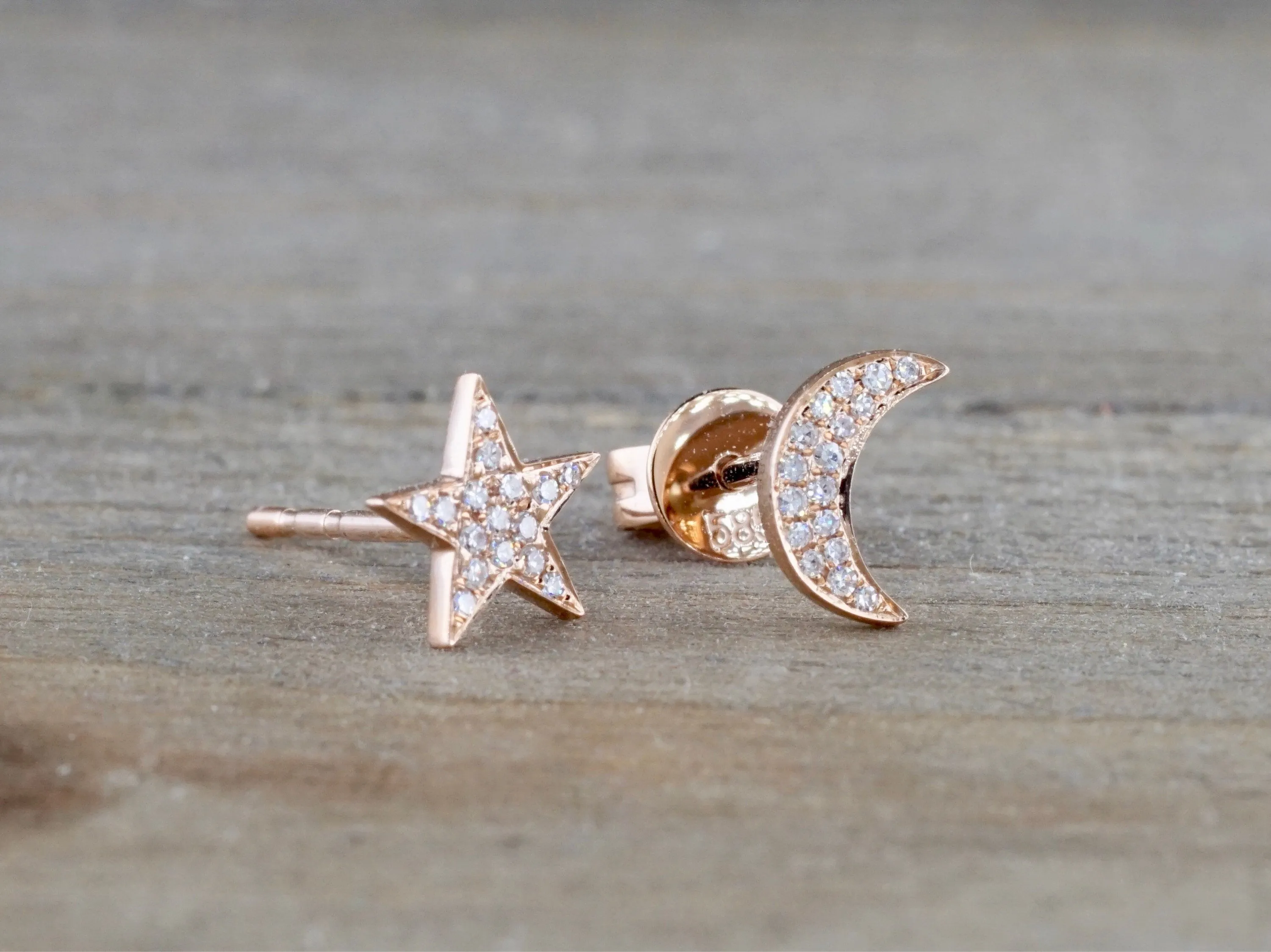 Moon and Star Micro Pave Diamond Stud Earrings