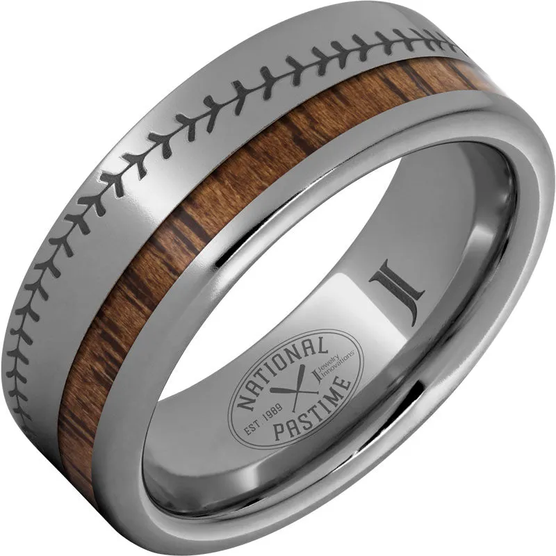 National Pastime Collection Rugged Tungsten Ring with Hickory Vintage Baseball Bat Wood and Baseball Stitch Engraving