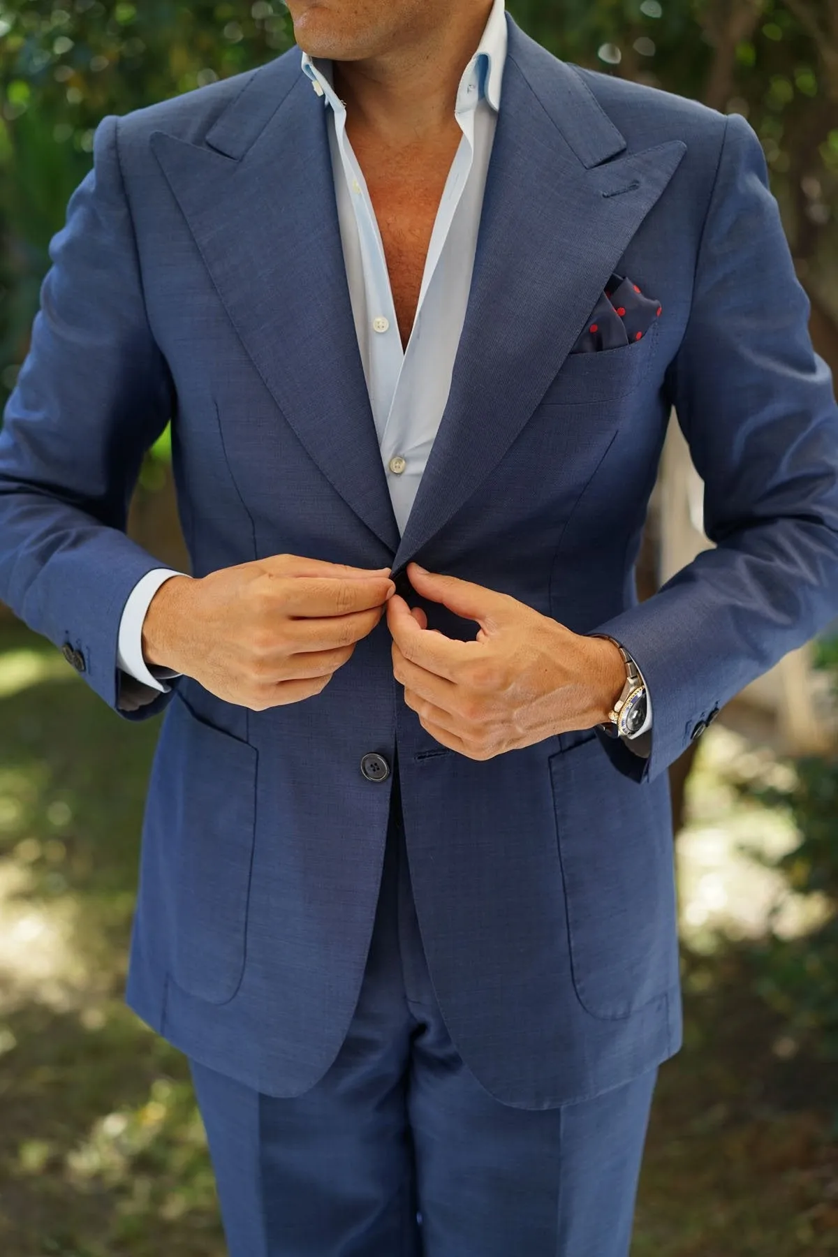 Navy Blue Pocket Square with Red Polka Dots