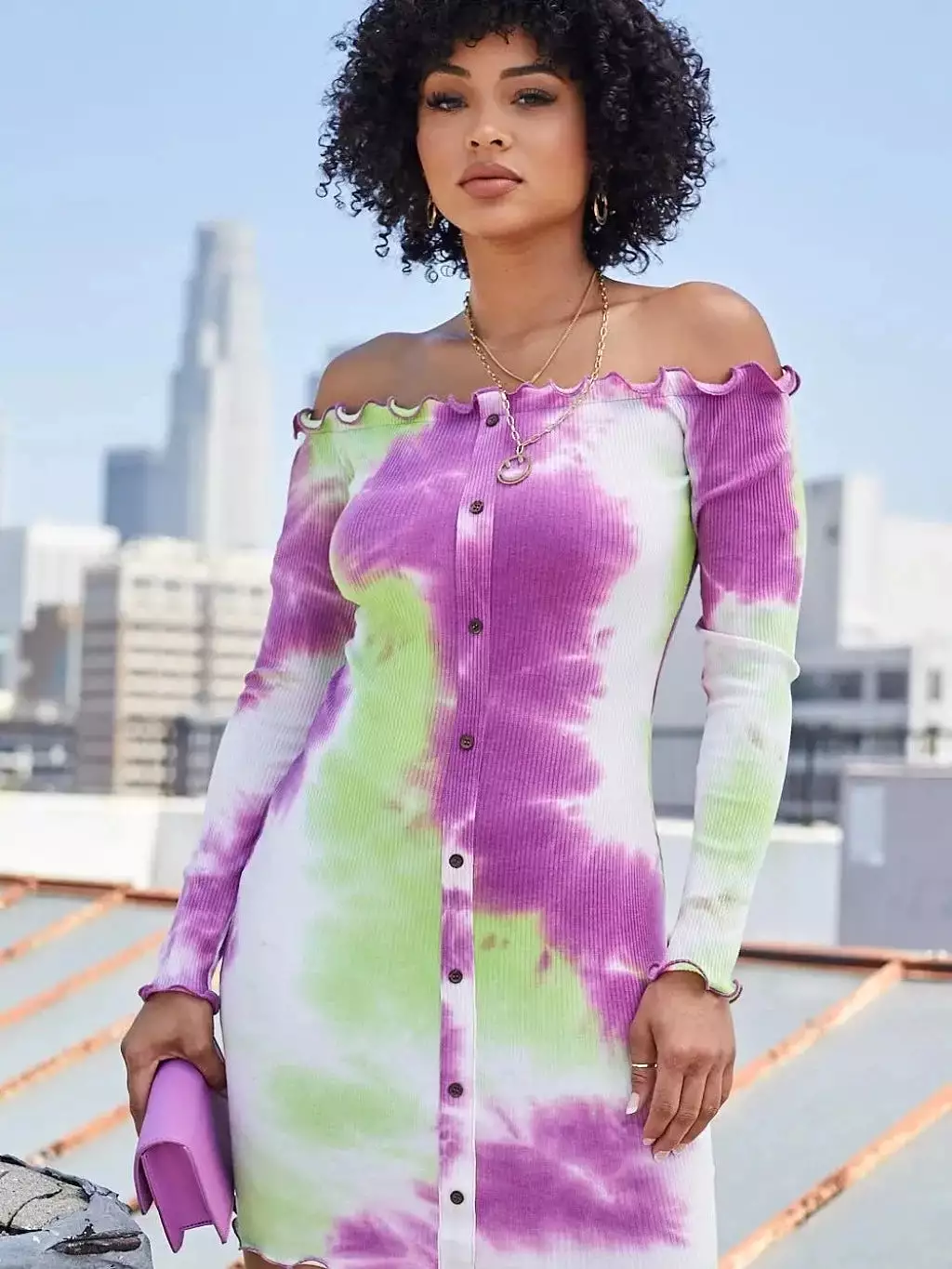 Off Shoulder Rib Knit Tie-Dye Mini Dress-Purple