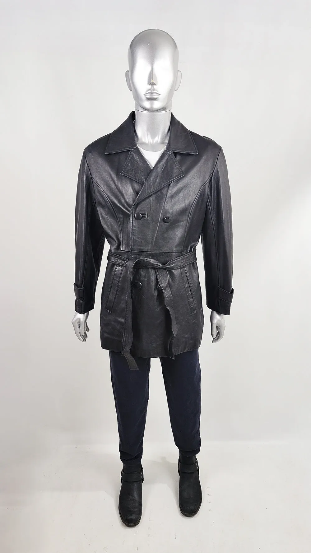 Paolo di Milano Vintage Mens Unisex Black Leather Belted Coat