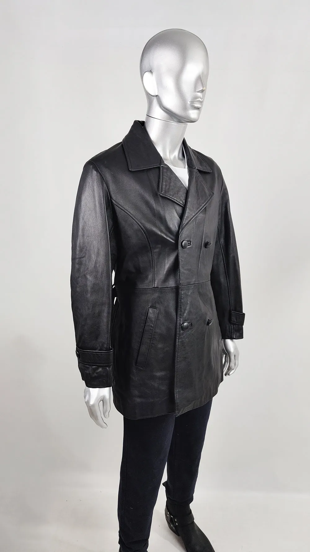 Paolo di Milano Vintage Mens Unisex Black Leather Belted Coat