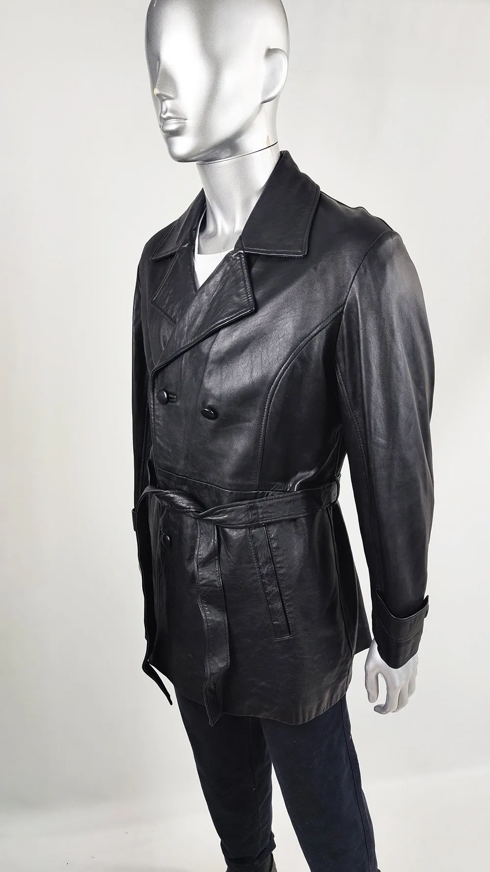 Paolo di Milano Vintage Mens Unisex Black Leather Belted Coat