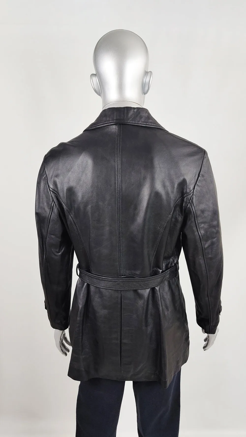 Paolo di Milano Vintage Mens Unisex Black Leather Belted Coat