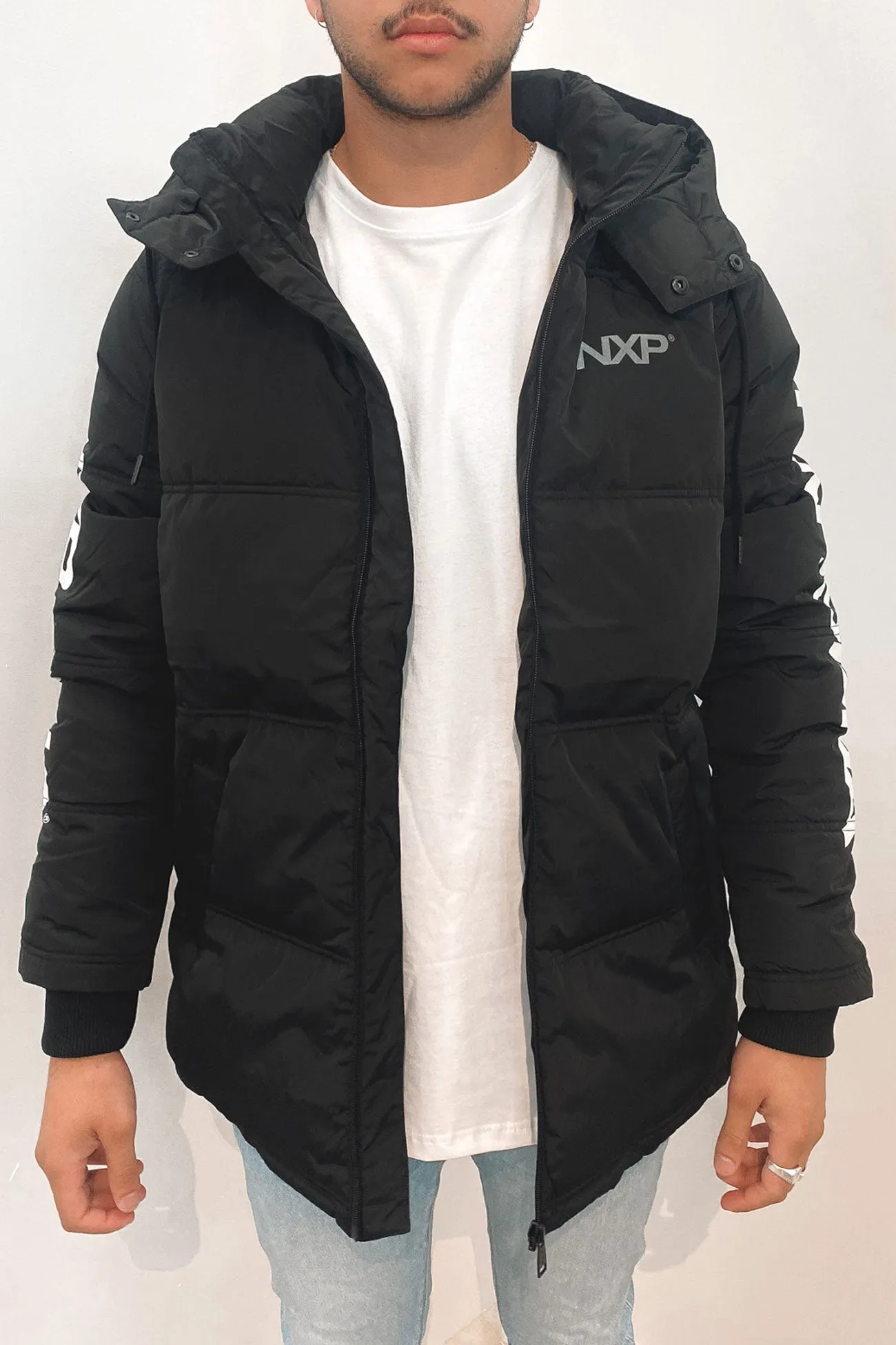 Paramount Long Line Hooded Puffer Jacket Jet Black