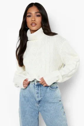 Petite Cable Pom Pom Turtleneck Crop Sweater