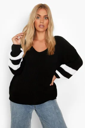 Plus Knitted V Neck Stripe Sweater