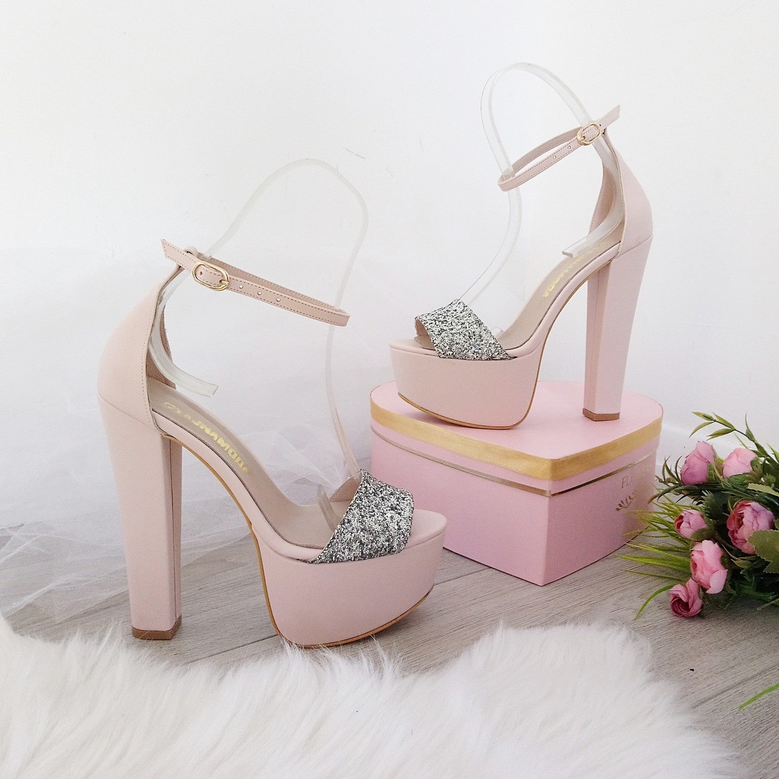 Powder Pink with Silver Shimmer Ankle Strap Platform Sandals