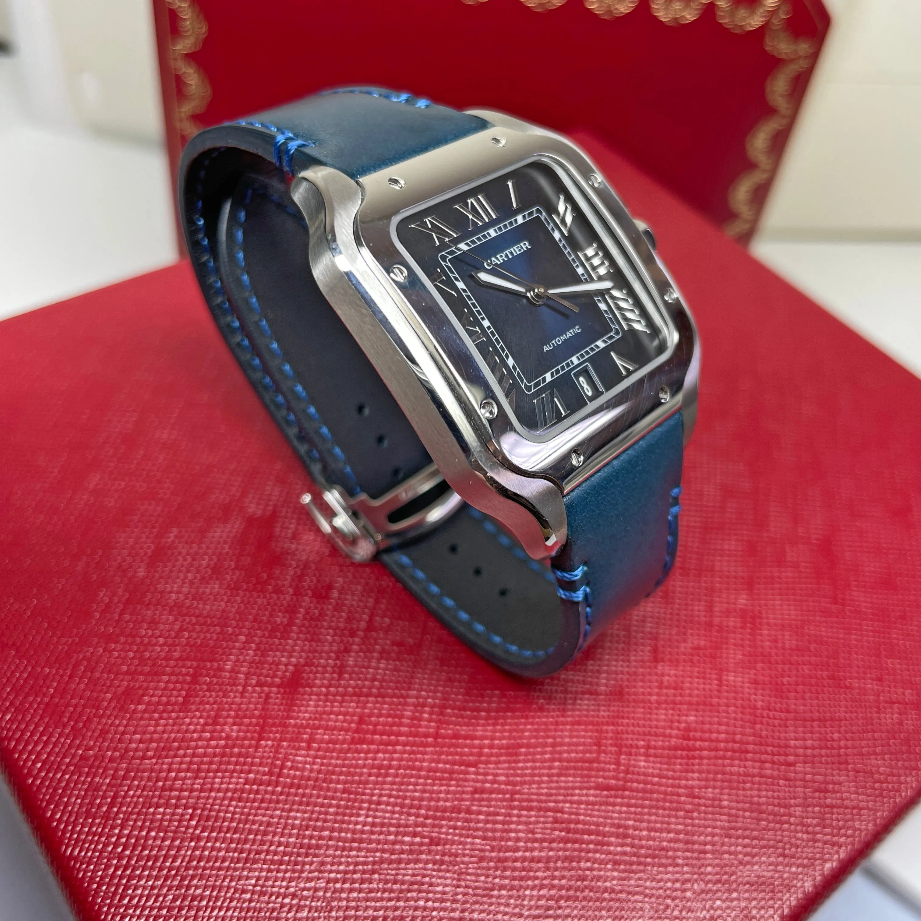 Pre-Owned Cartier Santos Large Blue Dial Watch WSSA0030 39.8mm