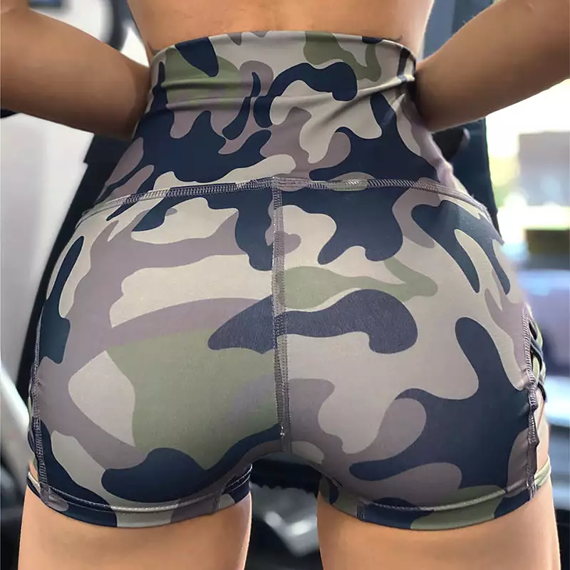 Printed High Waist Yoga Shorts with Side Hollow Design (Camouflage/Leopard Print)