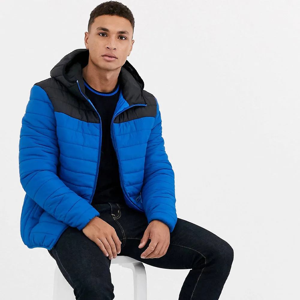 Quilted Puffer Jacket men's blue Winter padded coat 2024 Hooded