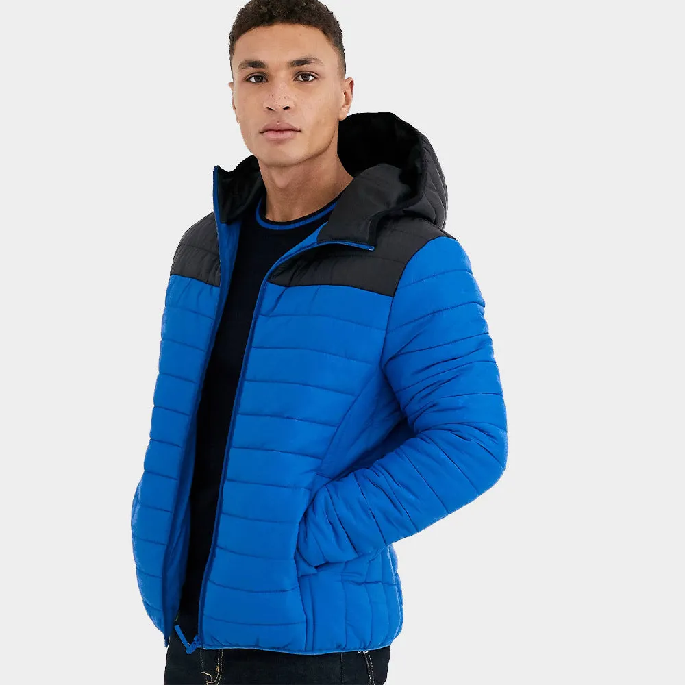 Quilted Puffer Jacket men's blue Winter padded coat 2024 Hooded