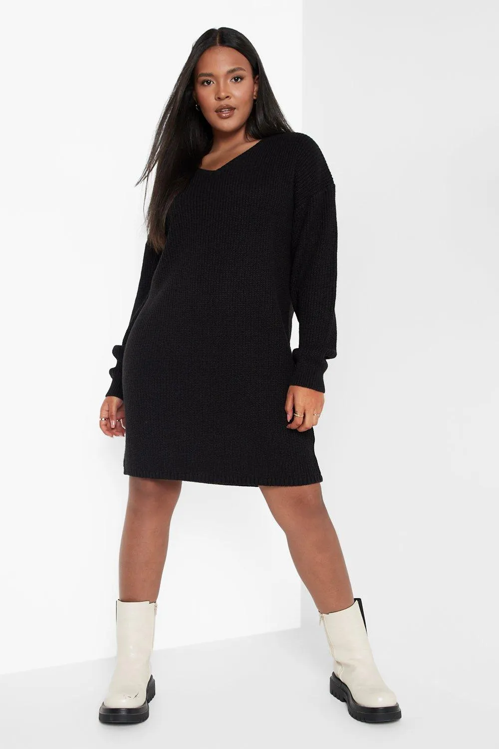 Recycled Plus V Neck Sweater Dress