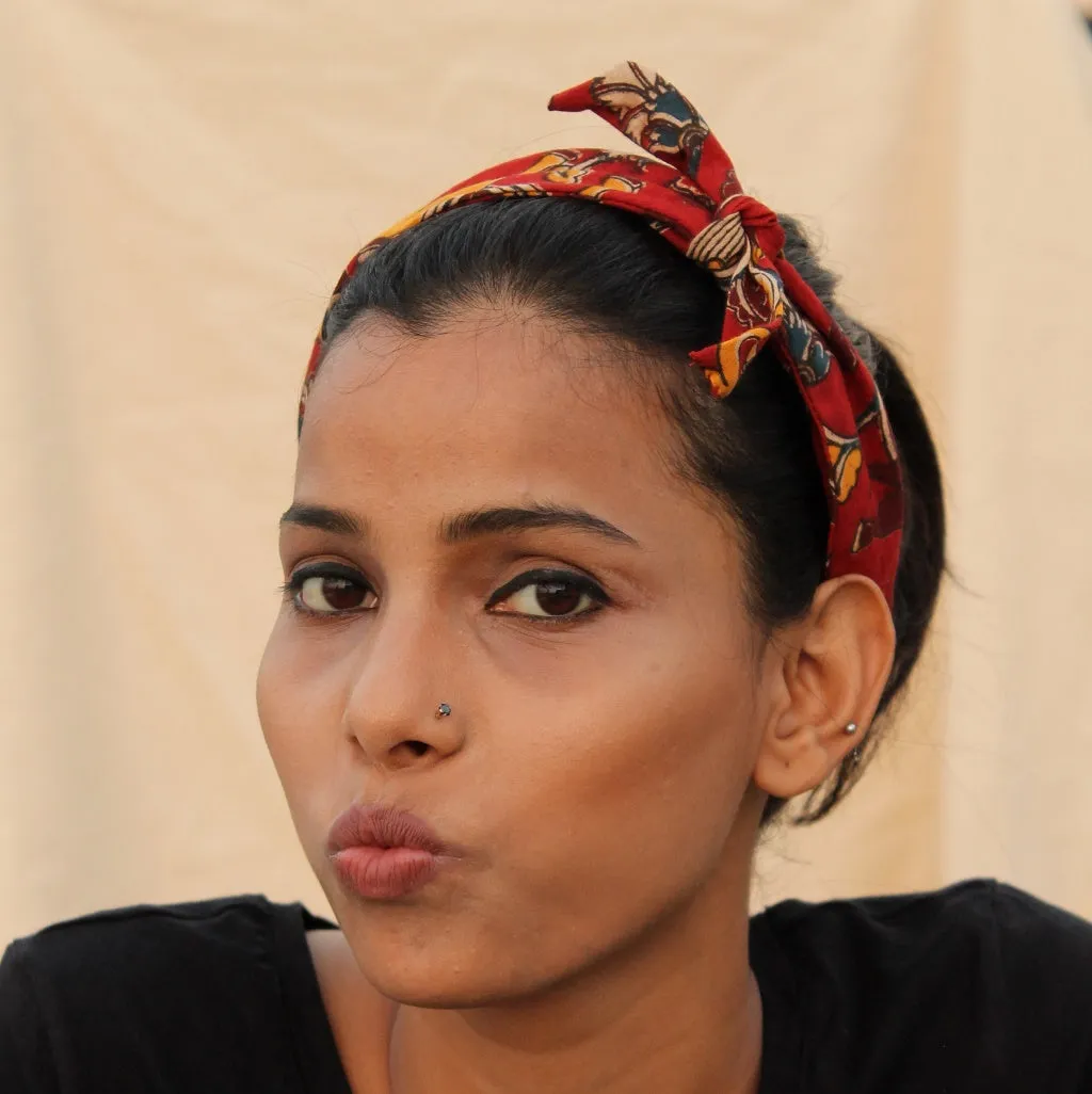 Red kalamkari knotted bow headband