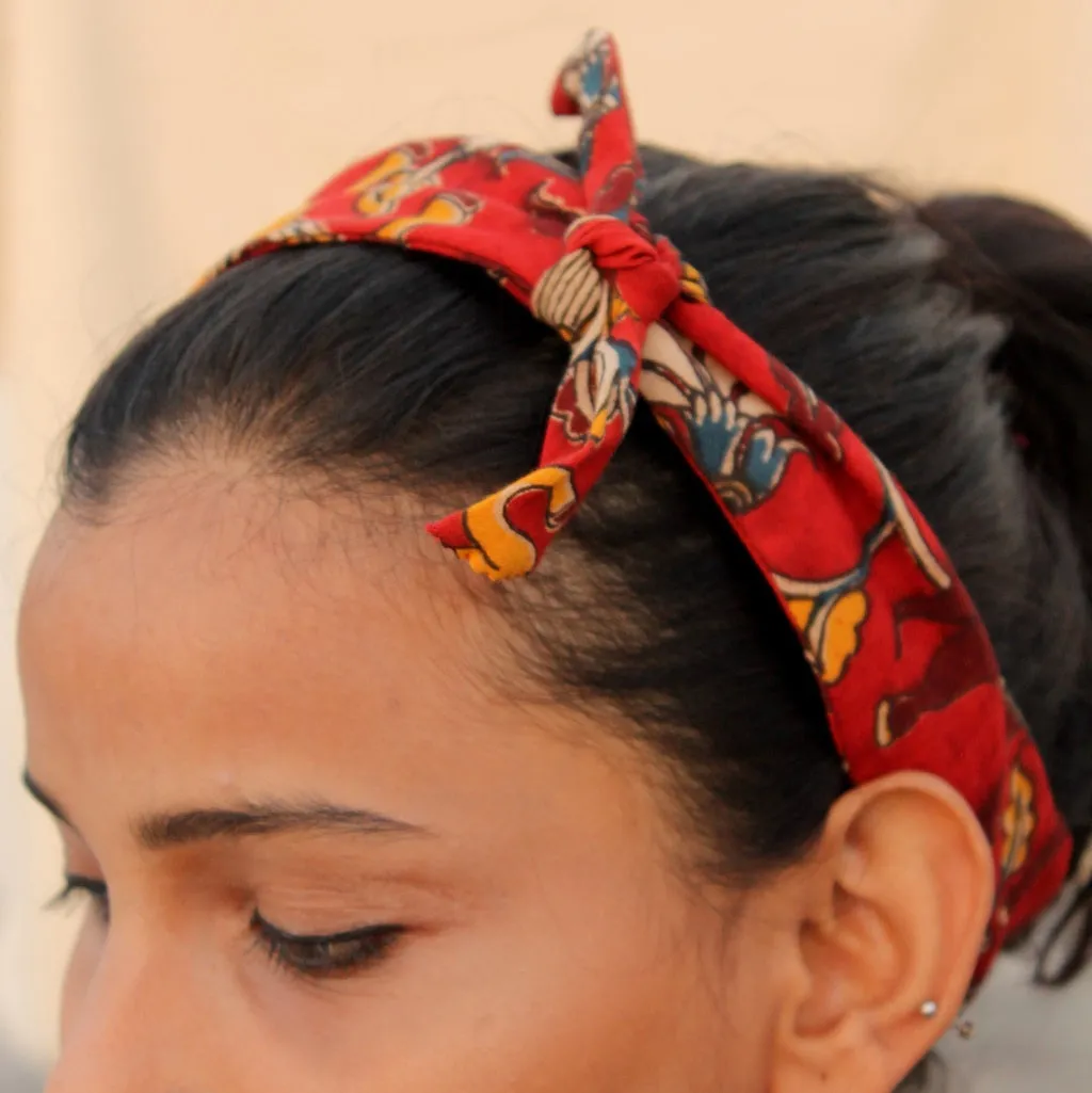 Red kalamkari knotted bow headband