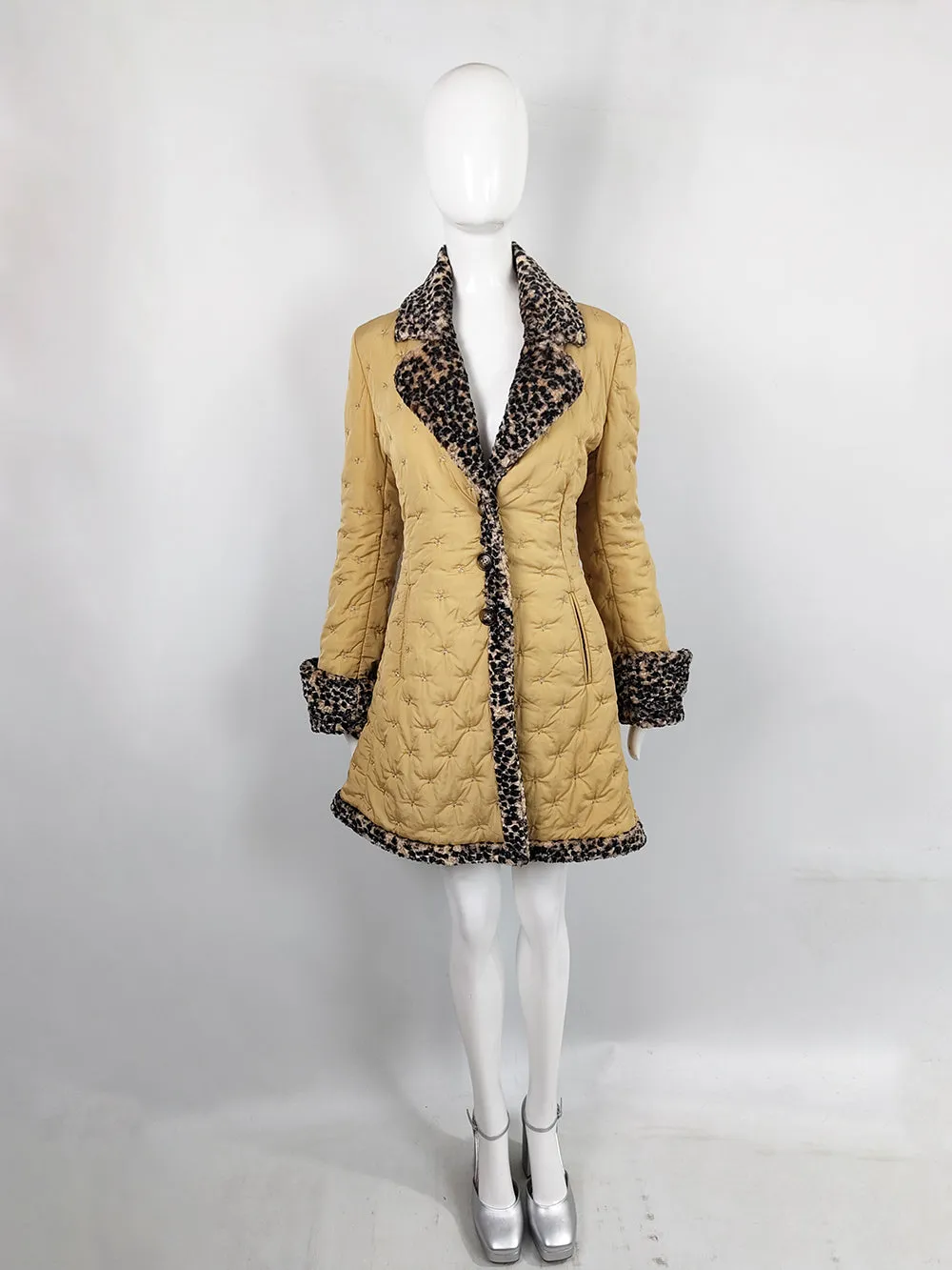 Rifat Ozbek Embroidered Quilted Leopard Print Faux Fur Coat, Fall 1997