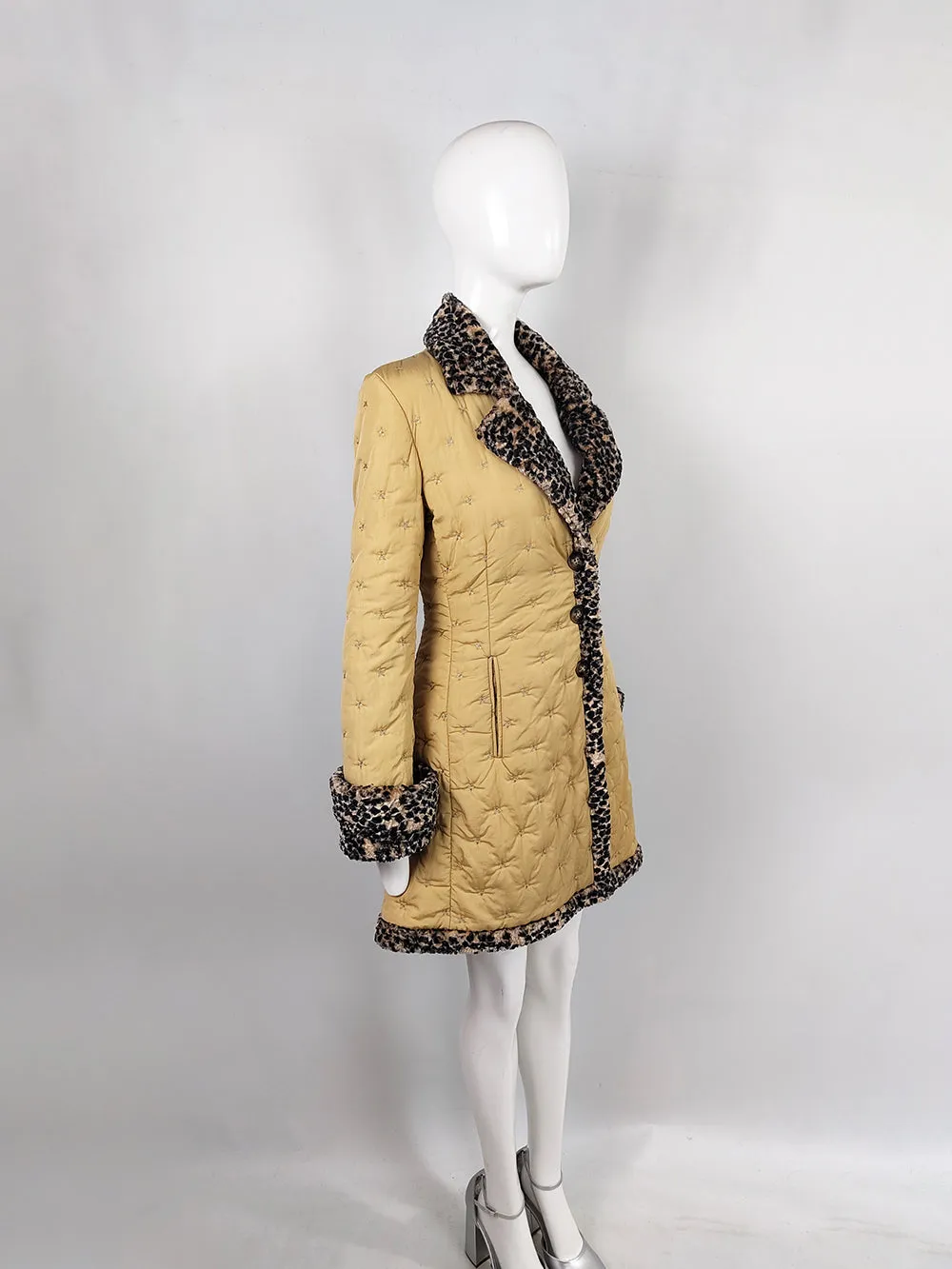 Rifat Ozbek Embroidered Quilted Leopard Print Faux Fur Coat, Fall 1997