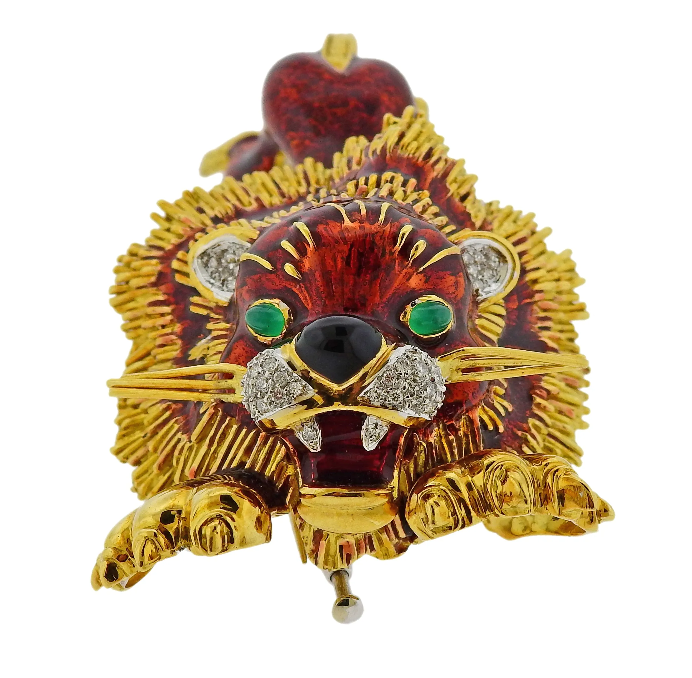 Roberto Legnazzi Diamond Emerald Enamel Gold Lion Brooch Pin