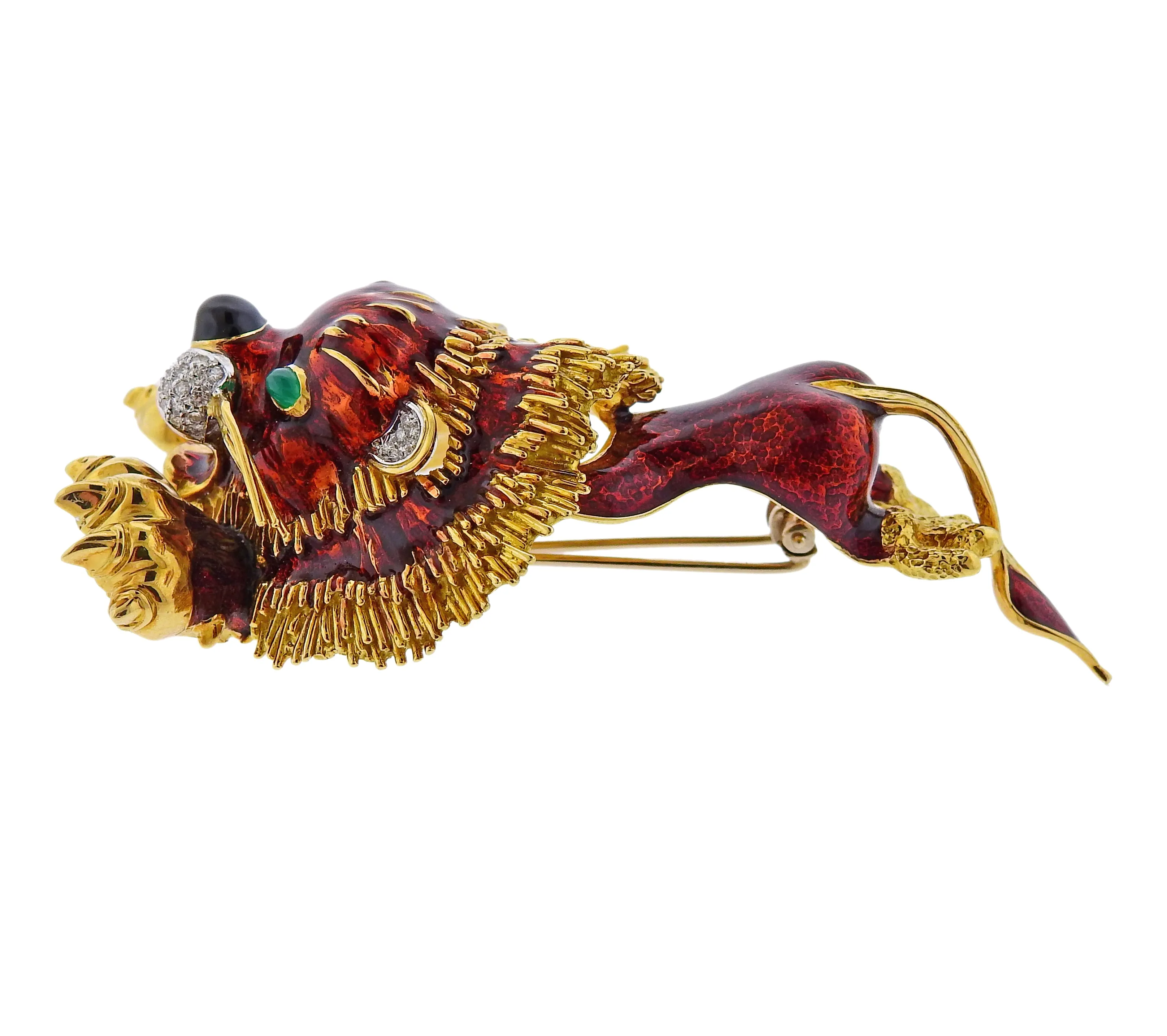 Roberto Legnazzi Diamond Emerald Enamel Gold Lion Brooch Pin