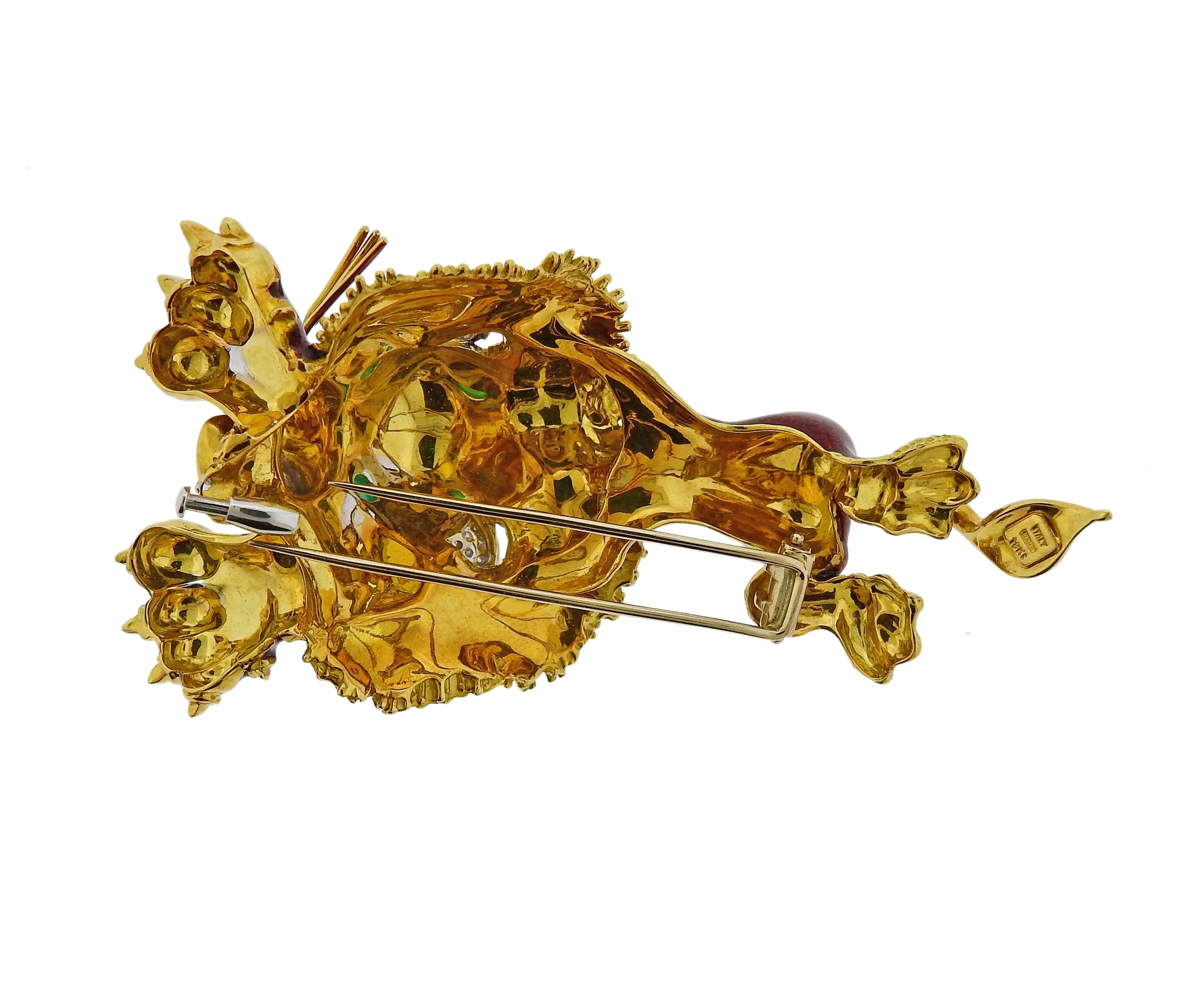 Roberto Legnazzi Diamond Emerald Enamel Gold Lion Brooch Pin