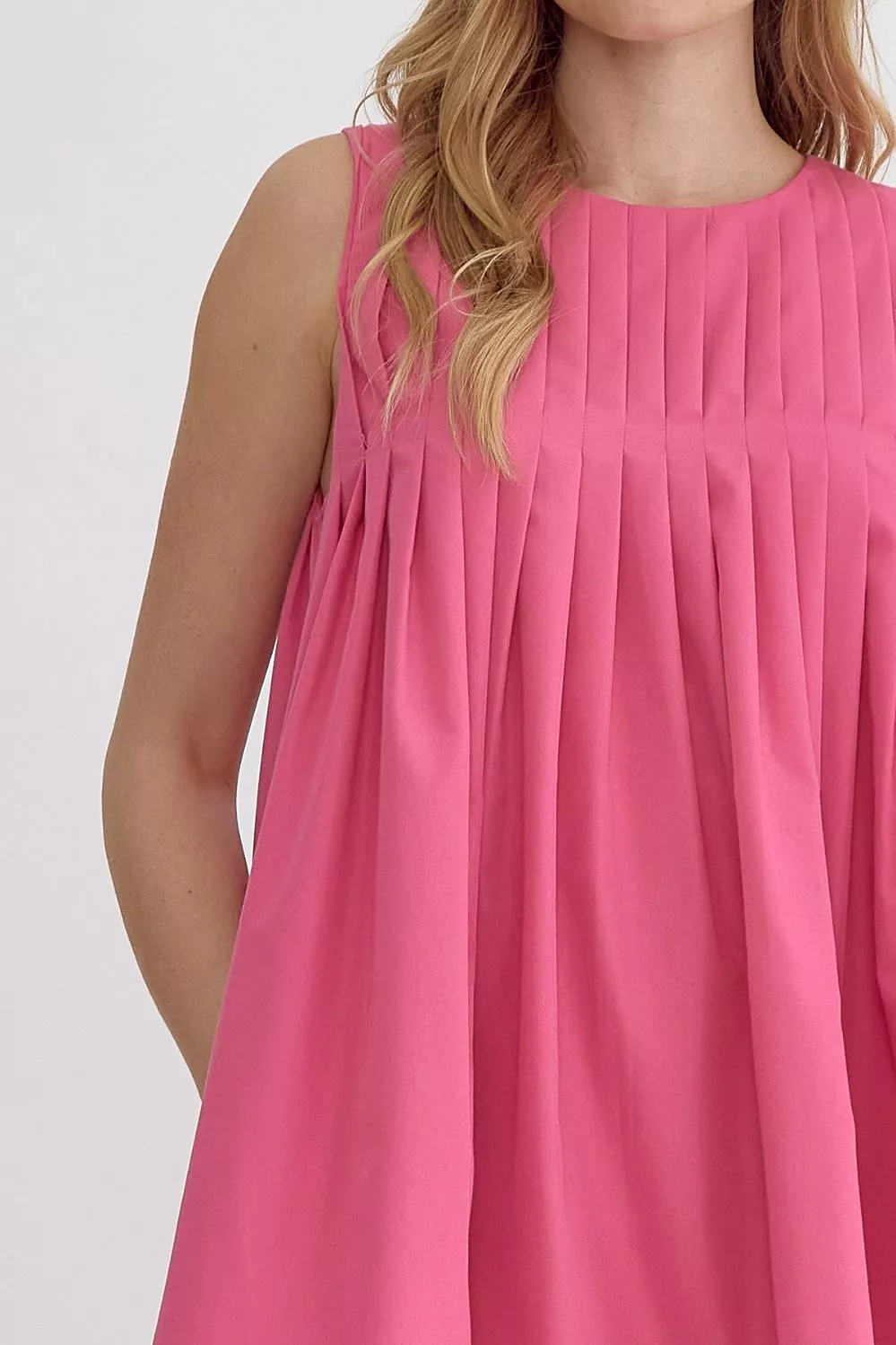 Round Neck Sleeveless Pleat Detail Mini Dress