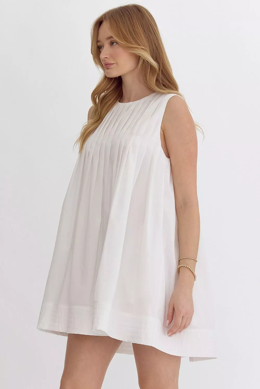 Round Neck Sleeveless Pleat Detail Mini Dress