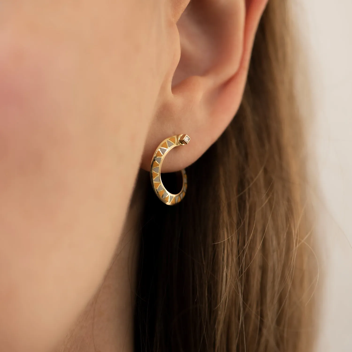 Small Hoop Earrings with Triangle Chevron Pattern in Enamel