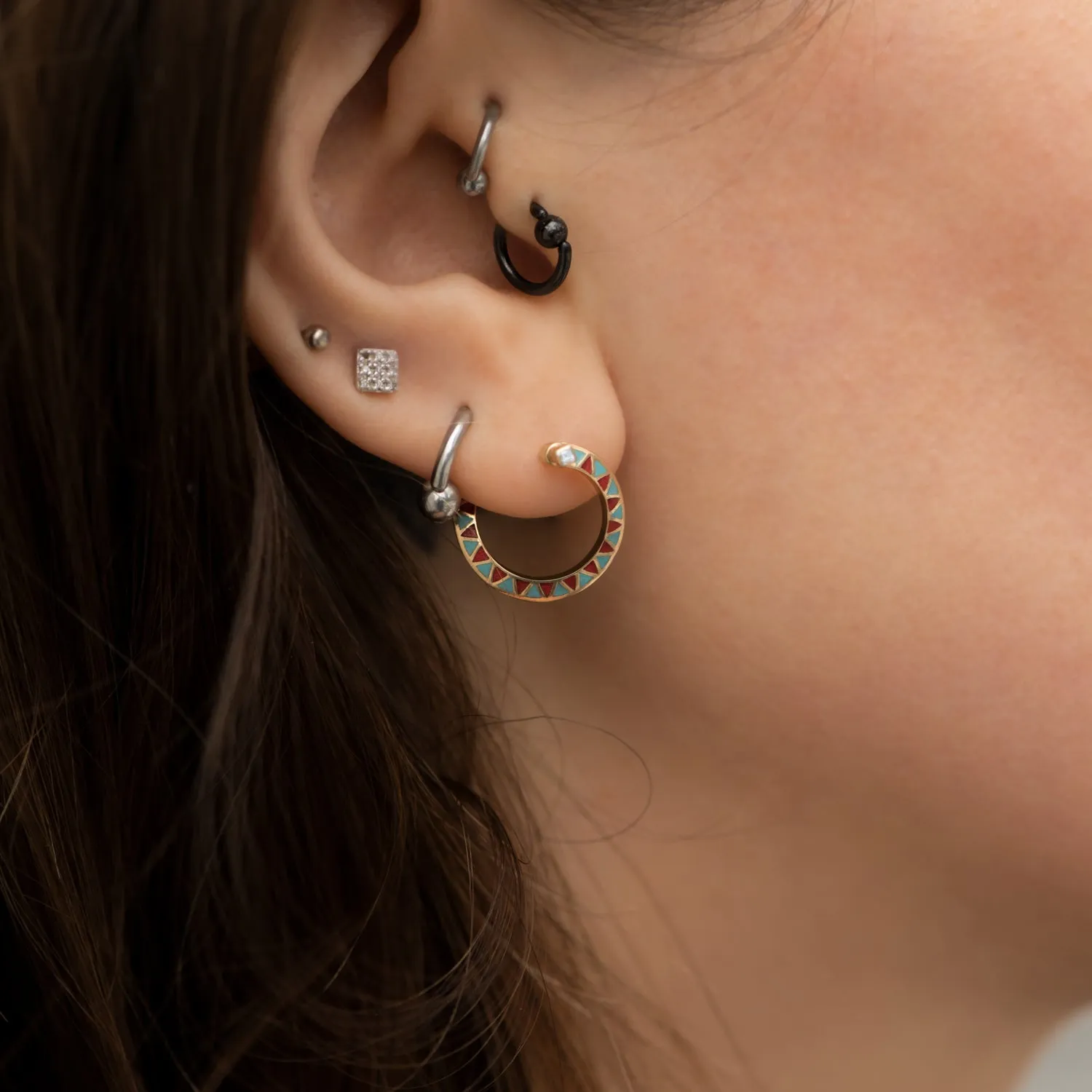 Small Hoop Earrings with Triangle Chevron Pattern in Enamel