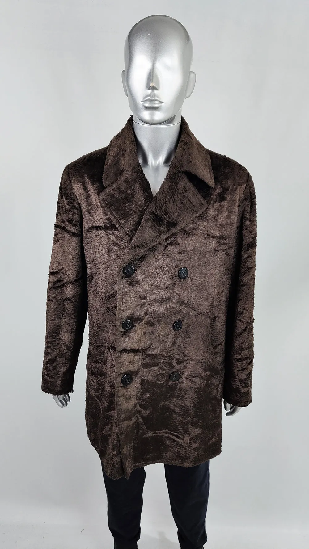 Valentino Vintage Mens Brown Faux Fur Double Breasted Coat