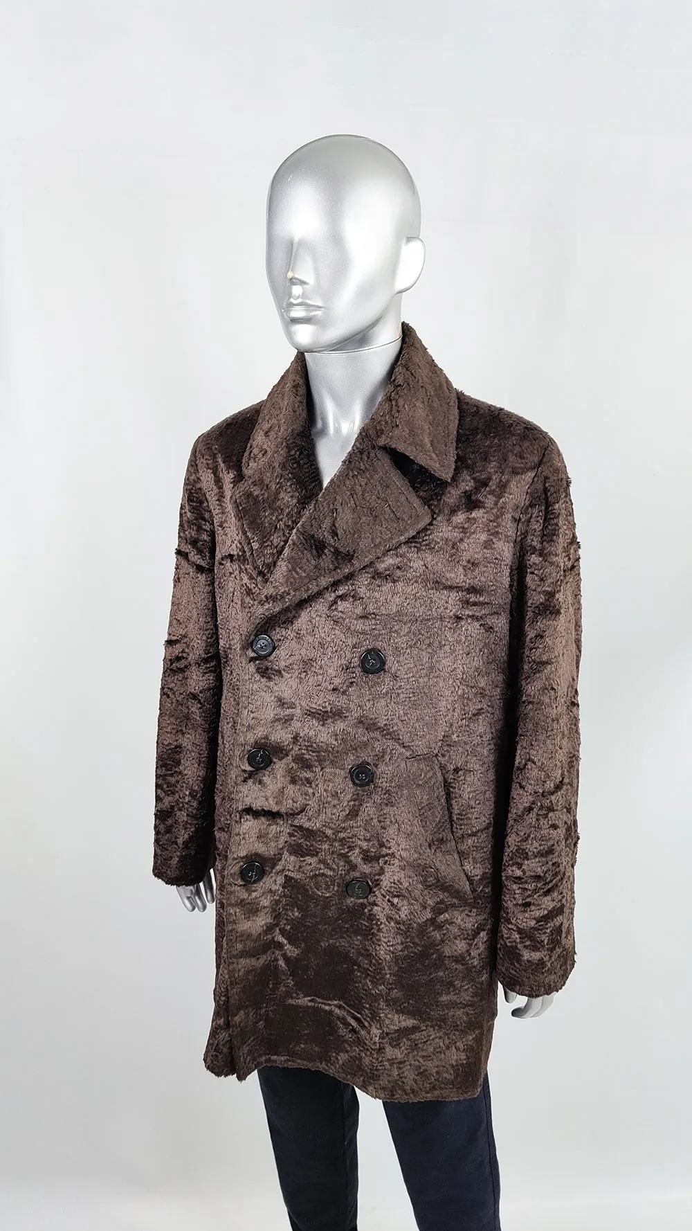 Valentino Vintage Mens Brown Faux Fur Double Breasted Coat