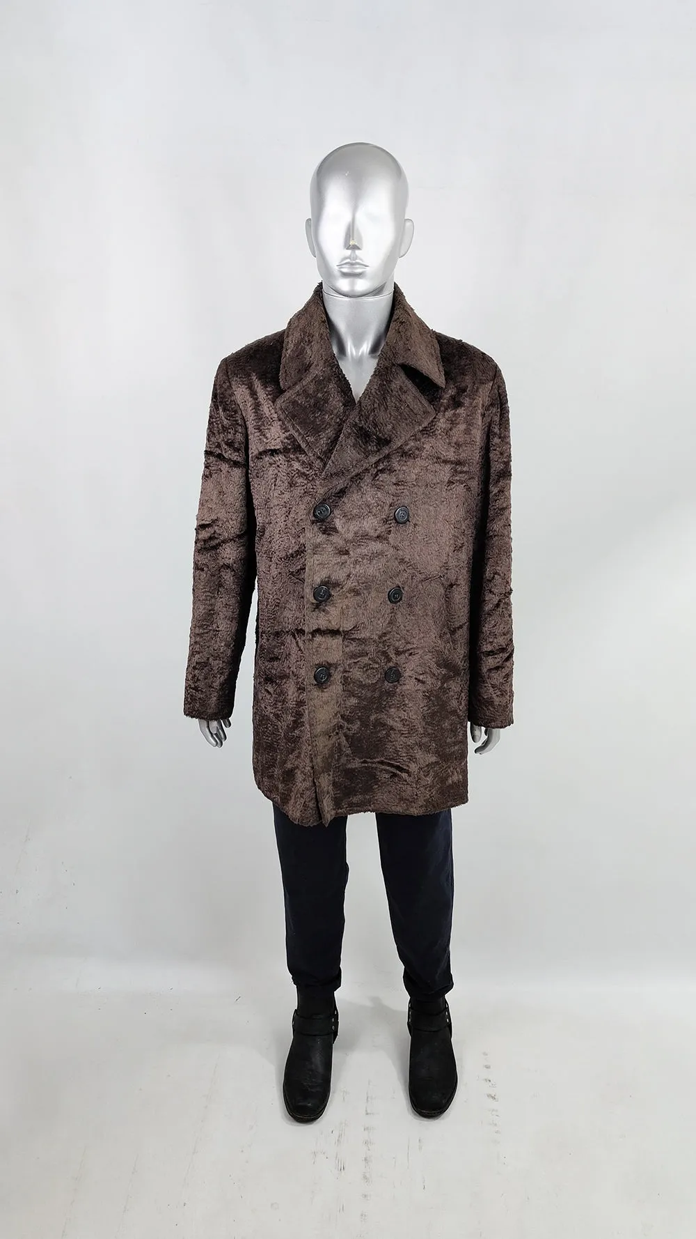 Valentino Vintage Mens Brown Faux Fur Double Breasted Coat