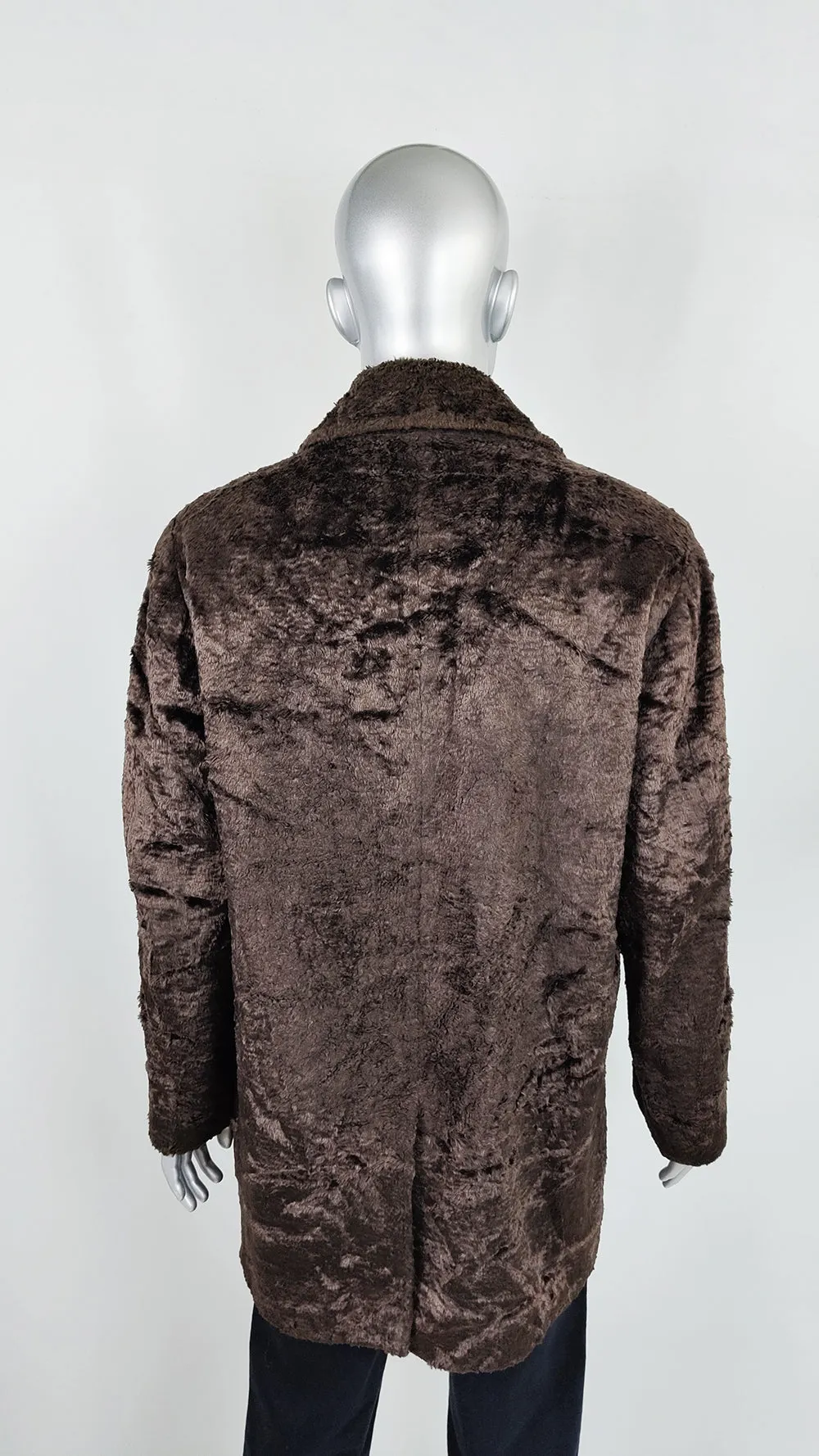 Valentino Vintage Mens Brown Faux Fur Double Breasted Coat