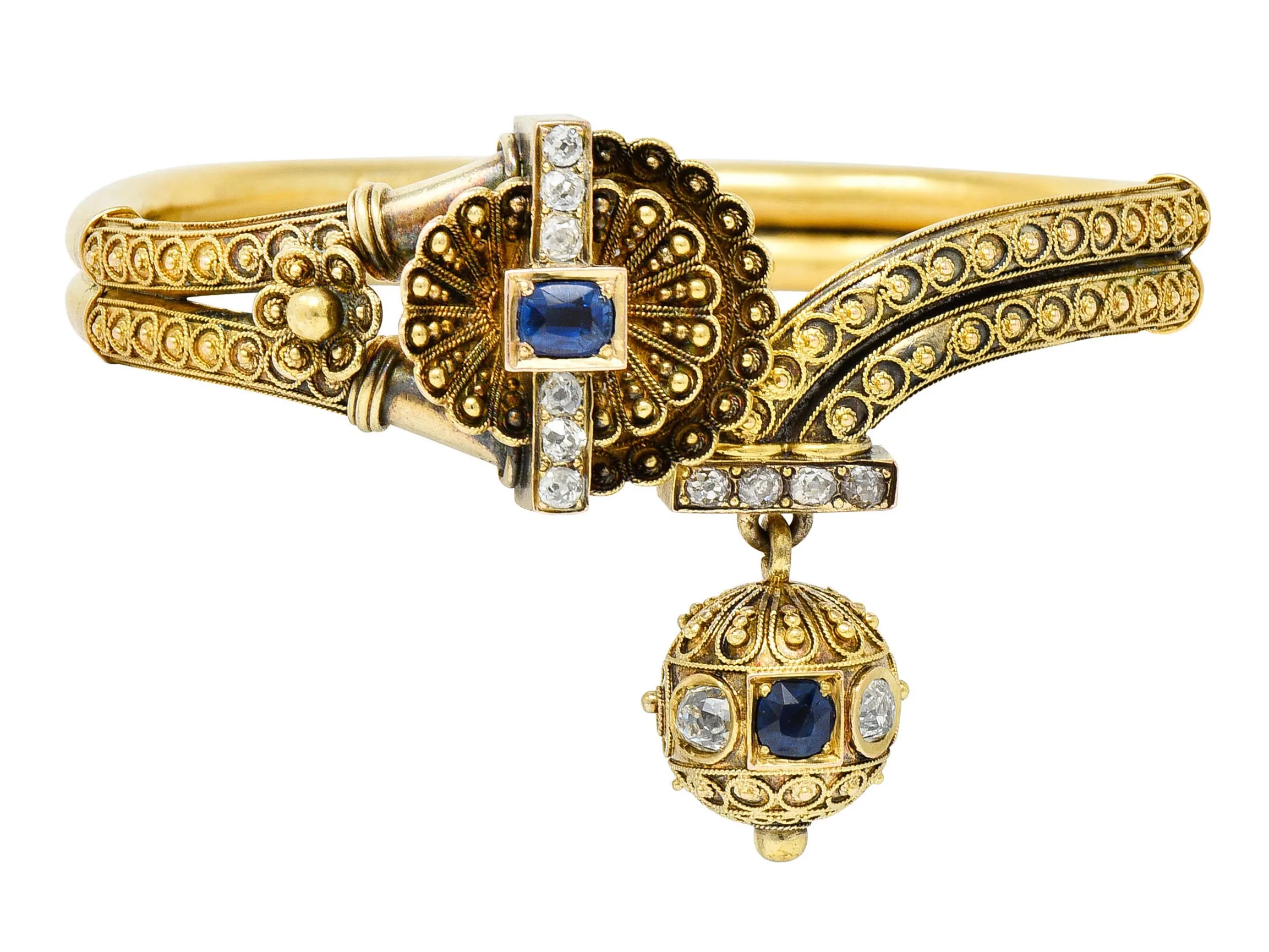 Victorian Etruscan Revival Sapphire Diamond 14 Karat Gold Cuff Bracelet