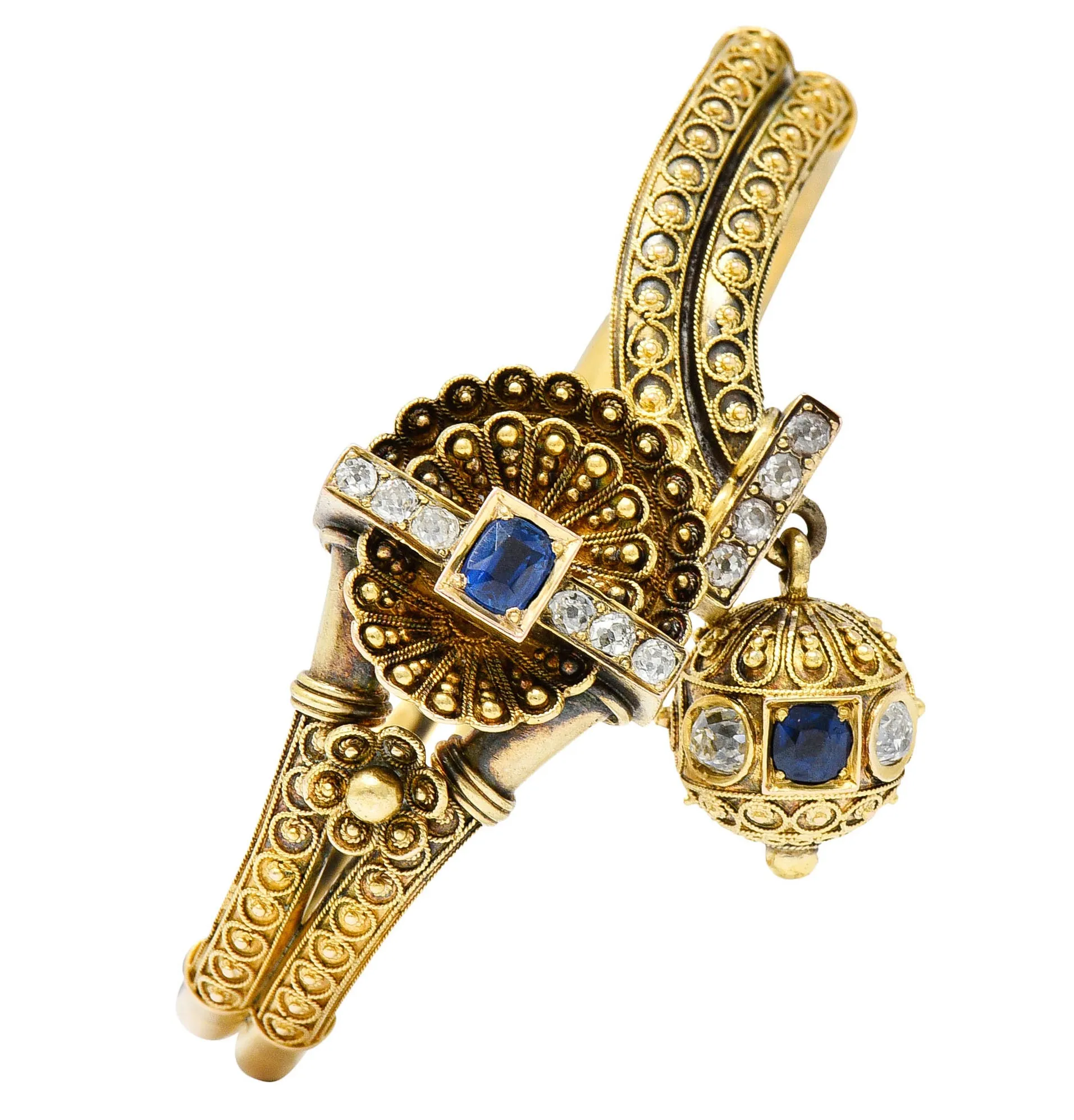 Victorian Etruscan Revival Sapphire Diamond 14 Karat Gold Cuff Bracelet