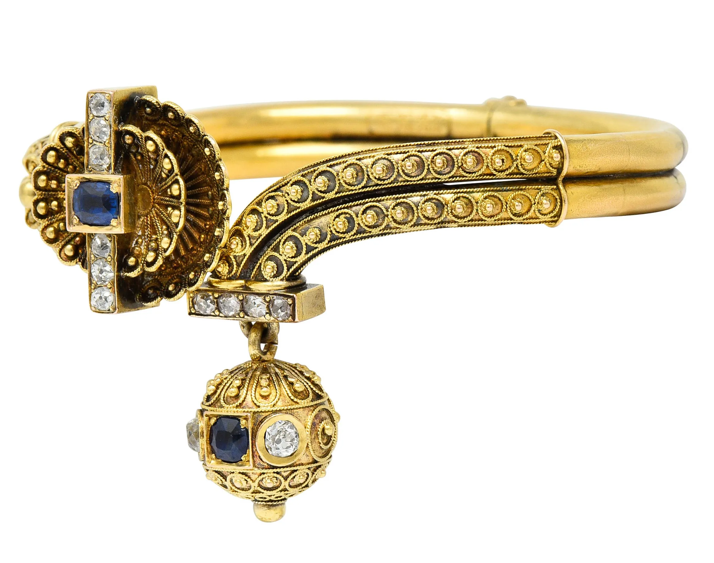 Victorian Etruscan Revival Sapphire Diamond 14 Karat Gold Cuff Bracelet