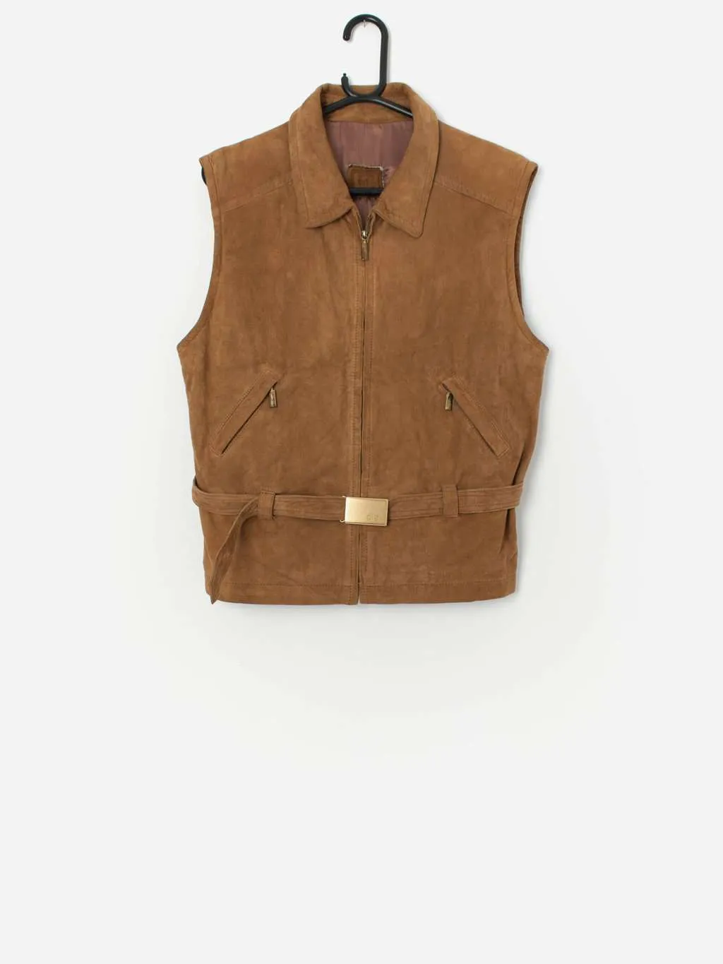 Vintage Betty Barclay suede vest in tan with belt detail – Medium