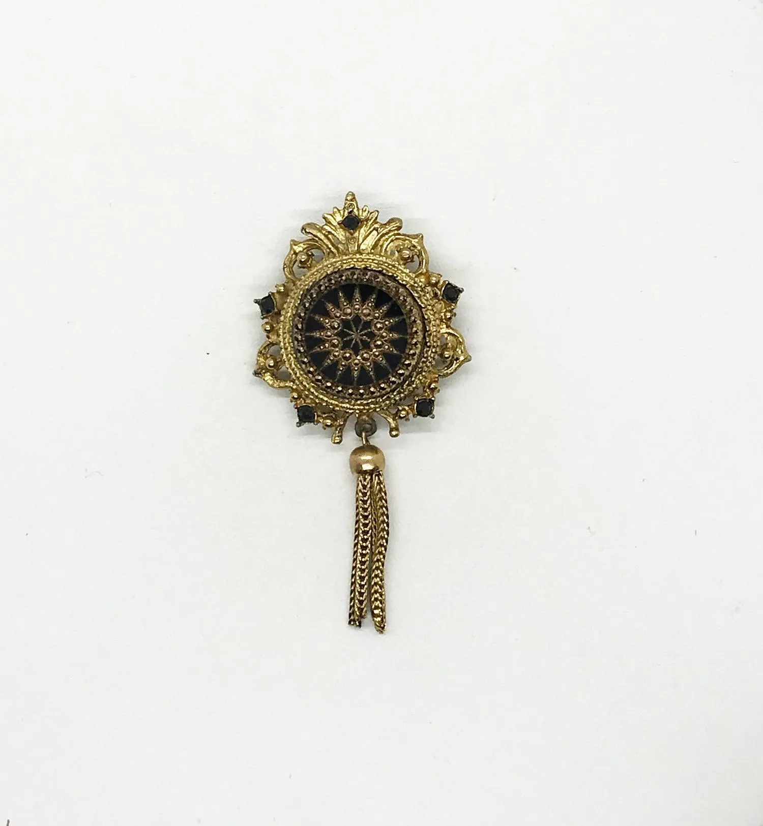 Vintage Denise Layered Moroccan Style Gold Tone and Carved Black Glass Brooch