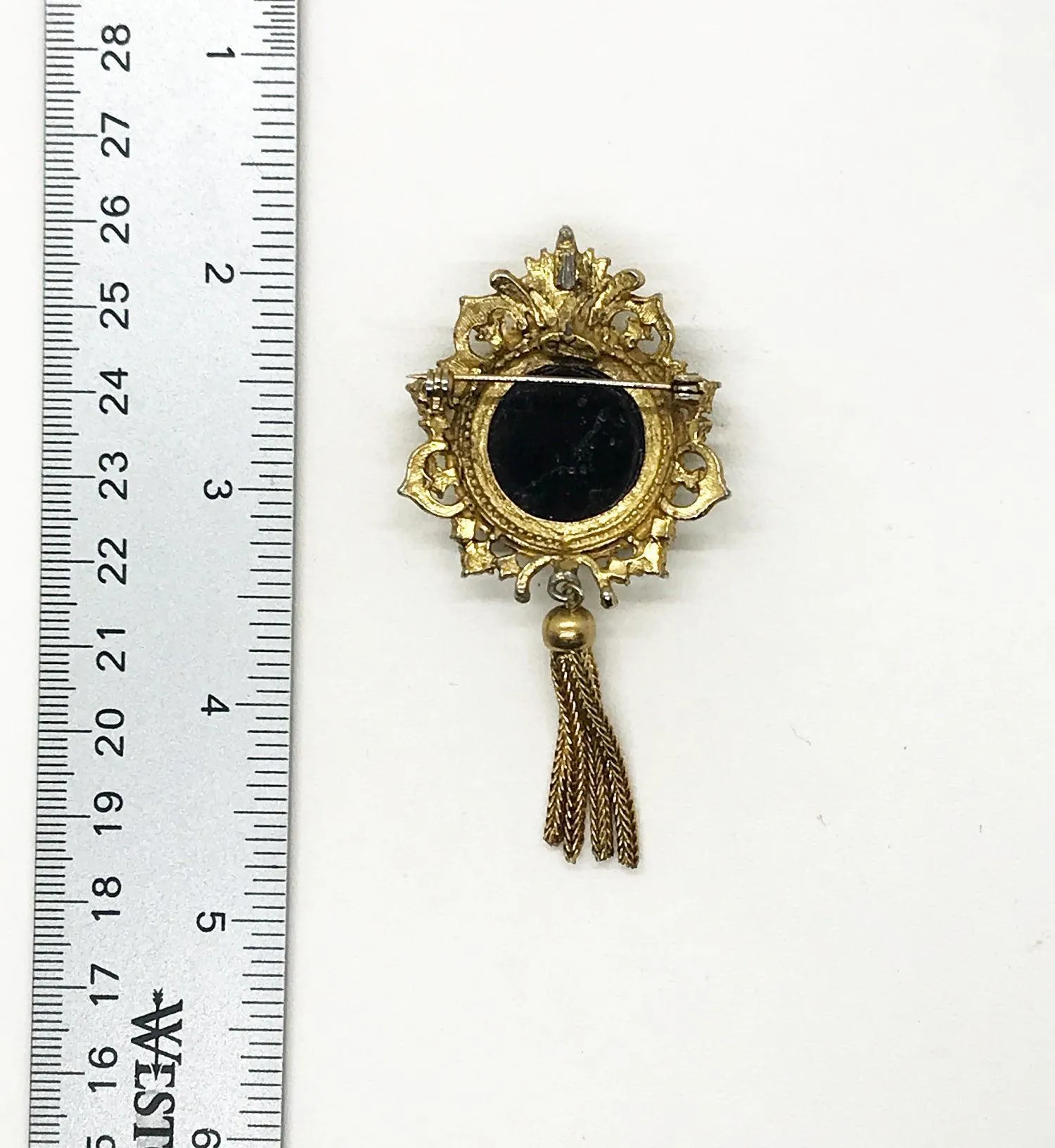 Vintage Denise Layered Moroccan Style Gold Tone and Carved Black Glass Brooch