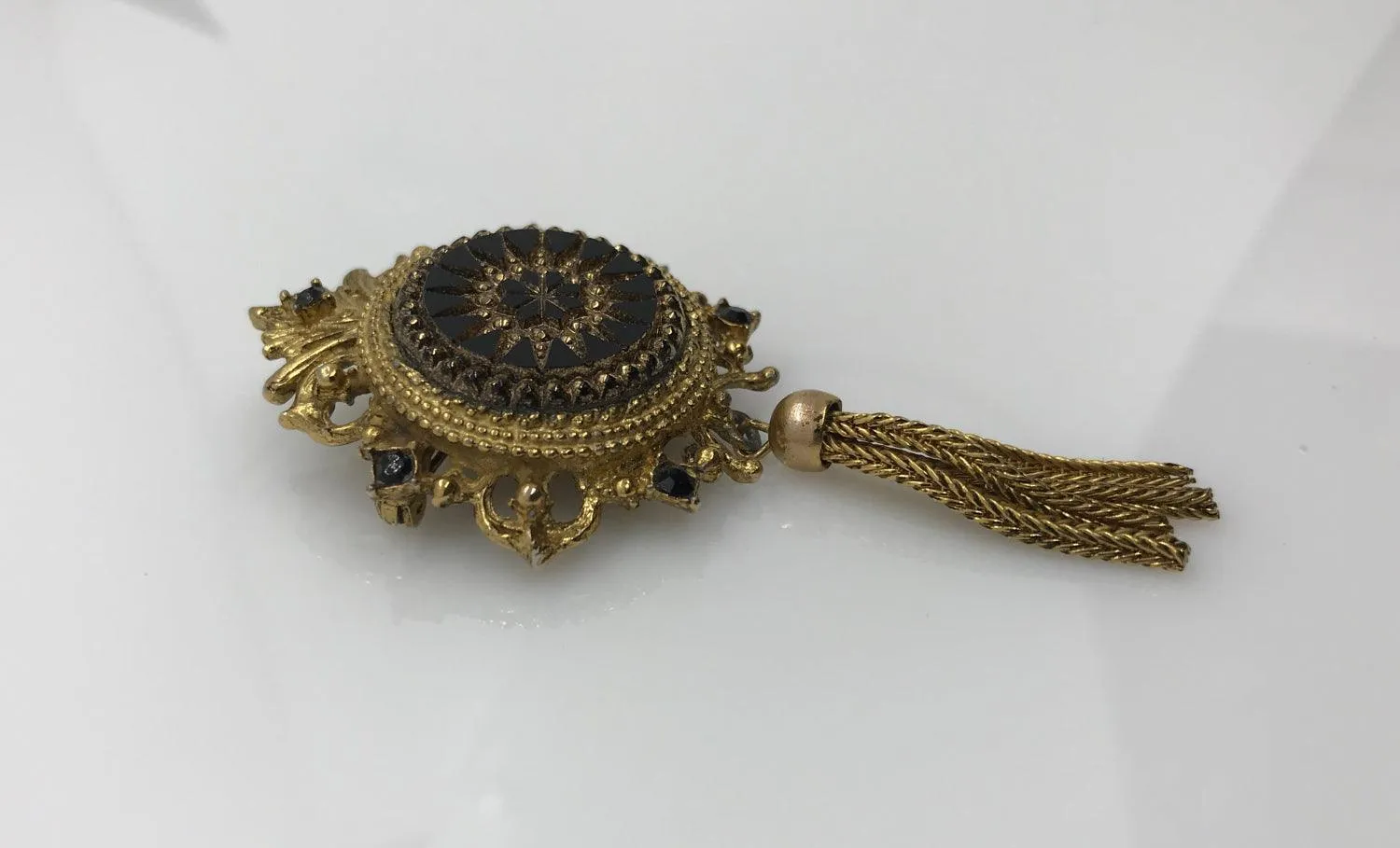 Vintage Denise Layered Moroccan Style Gold Tone and Carved Black Glass Brooch