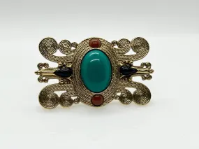 Vintage Etruscan Style Brooch with Green Oval Cabochon