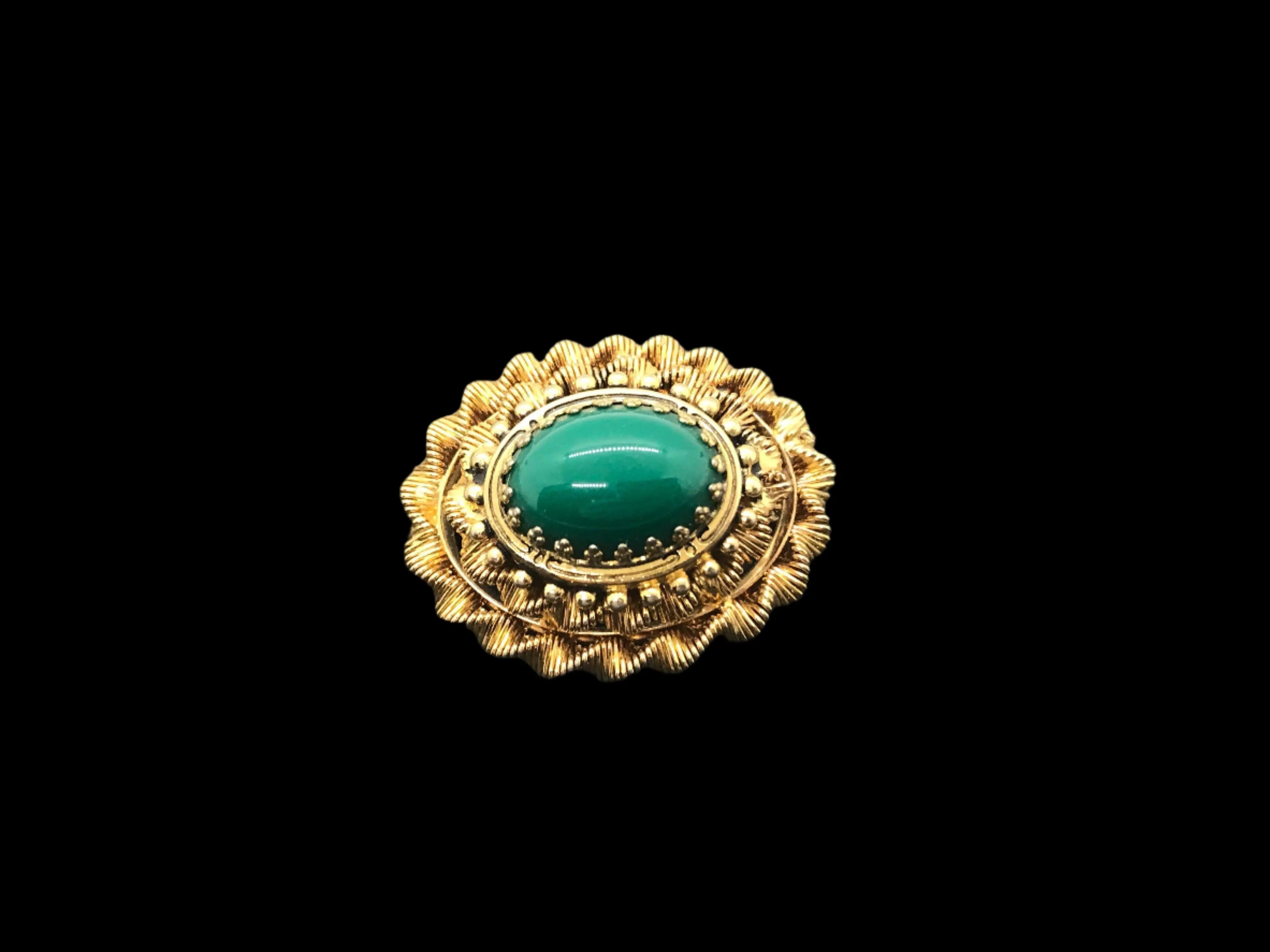 Vintage Green Oval Cabochon Brooch with Textured Setting