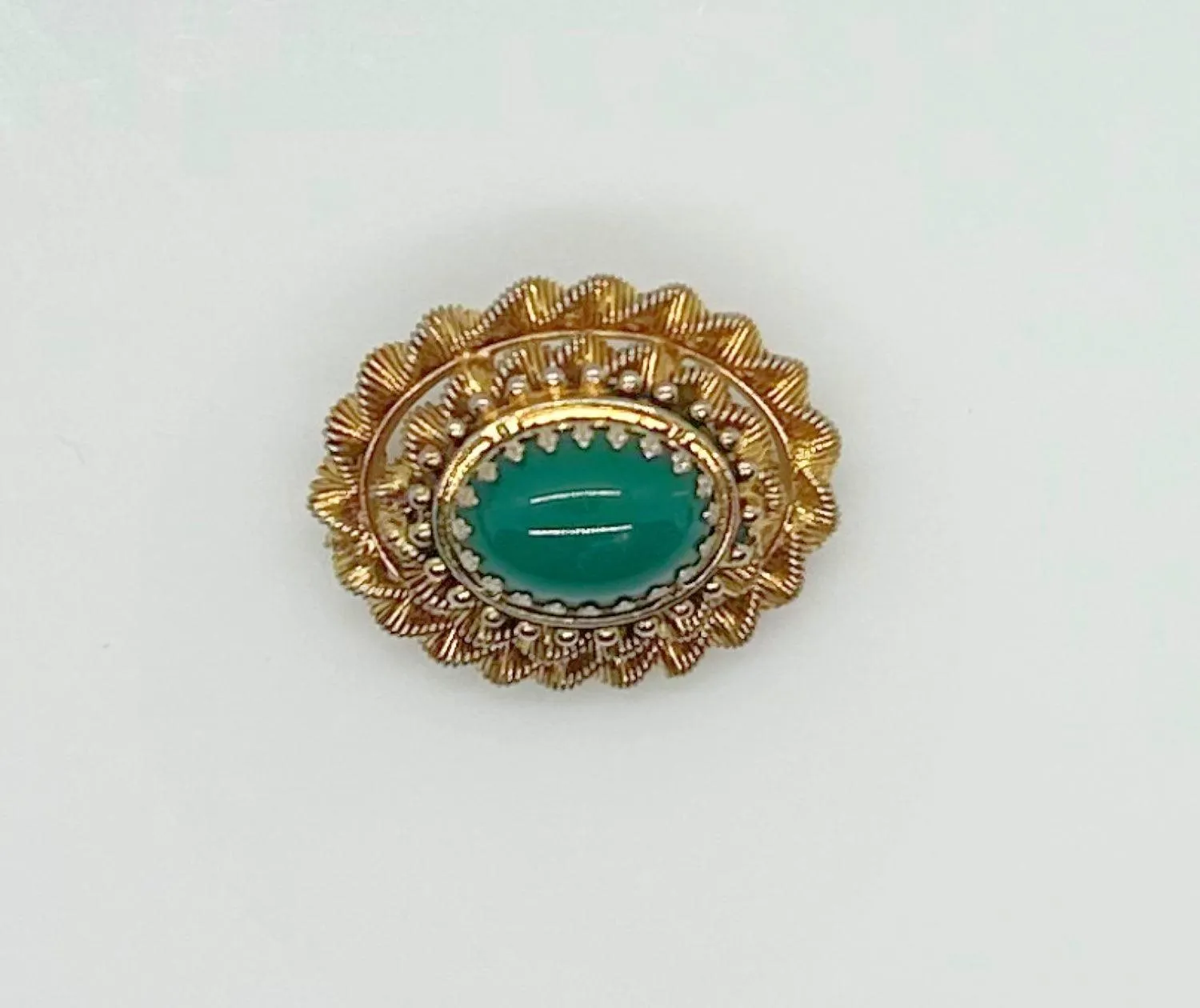 Vintage Green Oval Cabochon Brooch with Textured Setting