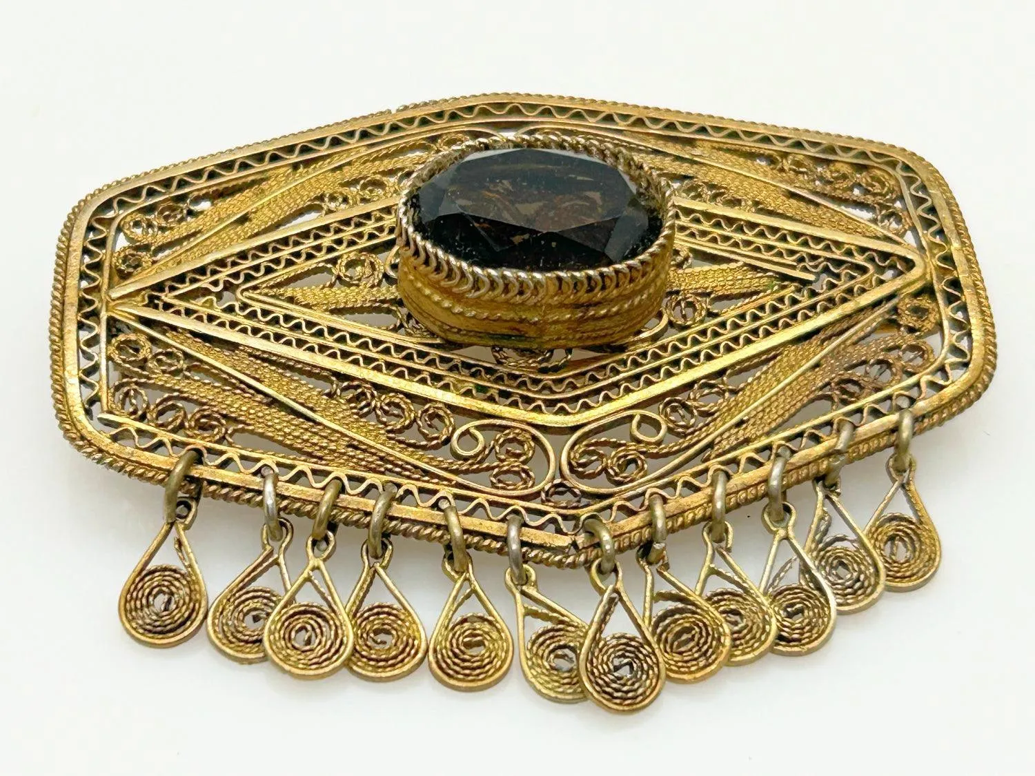 Vintage Middle Eastern Israel Filigree Pendant/ Brooch with Smoky Quartz