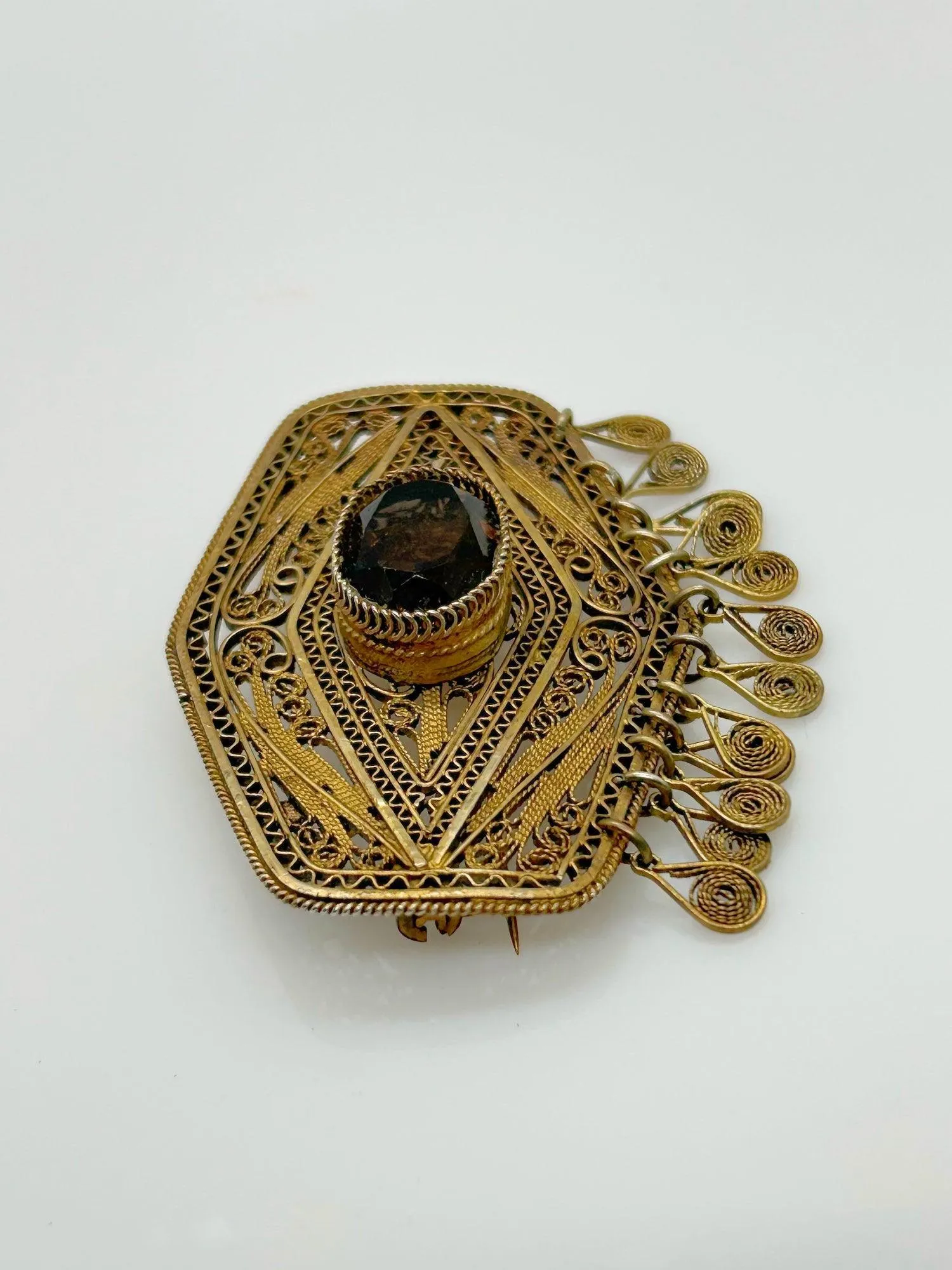 Vintage Middle Eastern Israel Filigree Pendant/ Brooch with Smoky Quartz