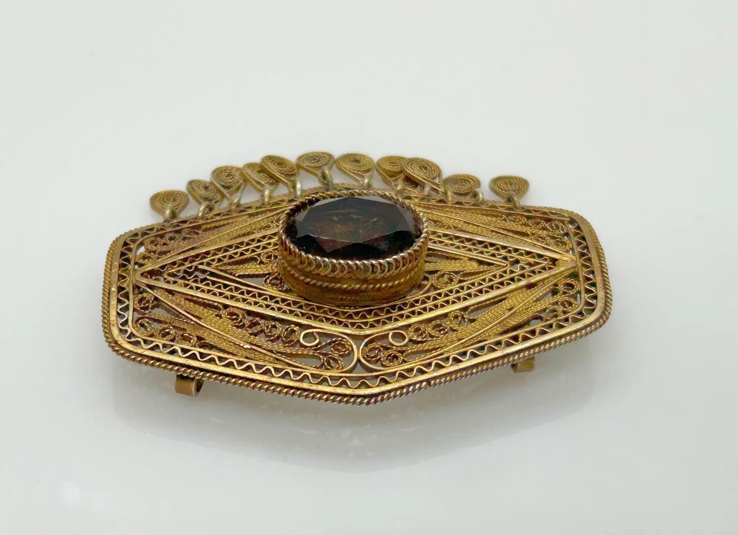 Vintage Middle Eastern Israel Filigree Pendant/ Brooch with Smoky Quartz