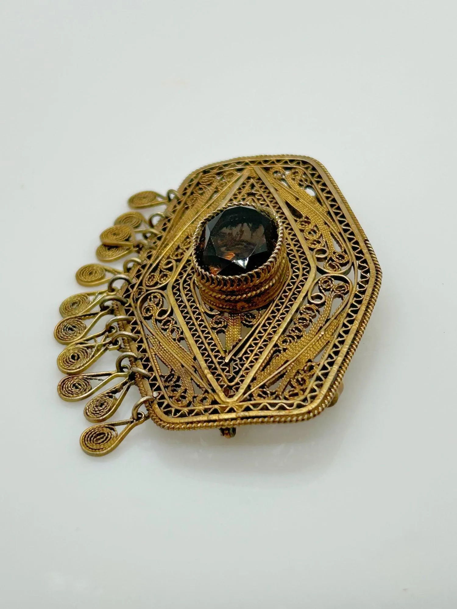 Vintage Middle Eastern Israel Filigree Pendant/ Brooch with Smoky Quartz