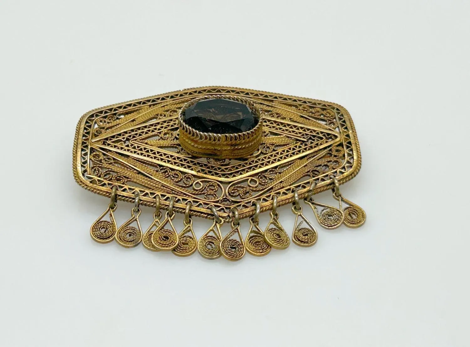 Vintage Middle Eastern Israel Filigree Pendant/ Brooch with Smoky Quartz