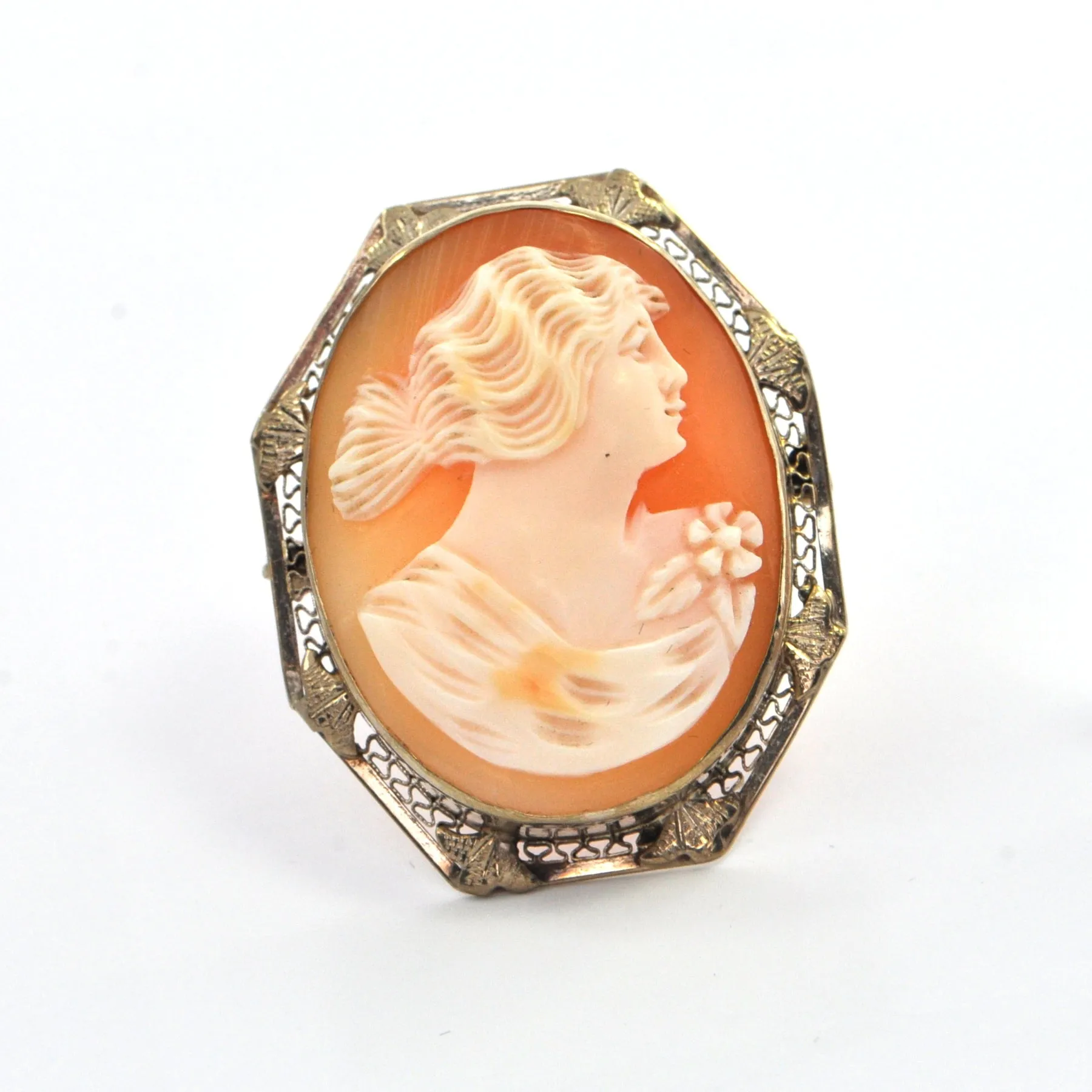 Vintage Shell Cameo Pendant/Brooch of Lady with Flowing Hair in 14k White Gold