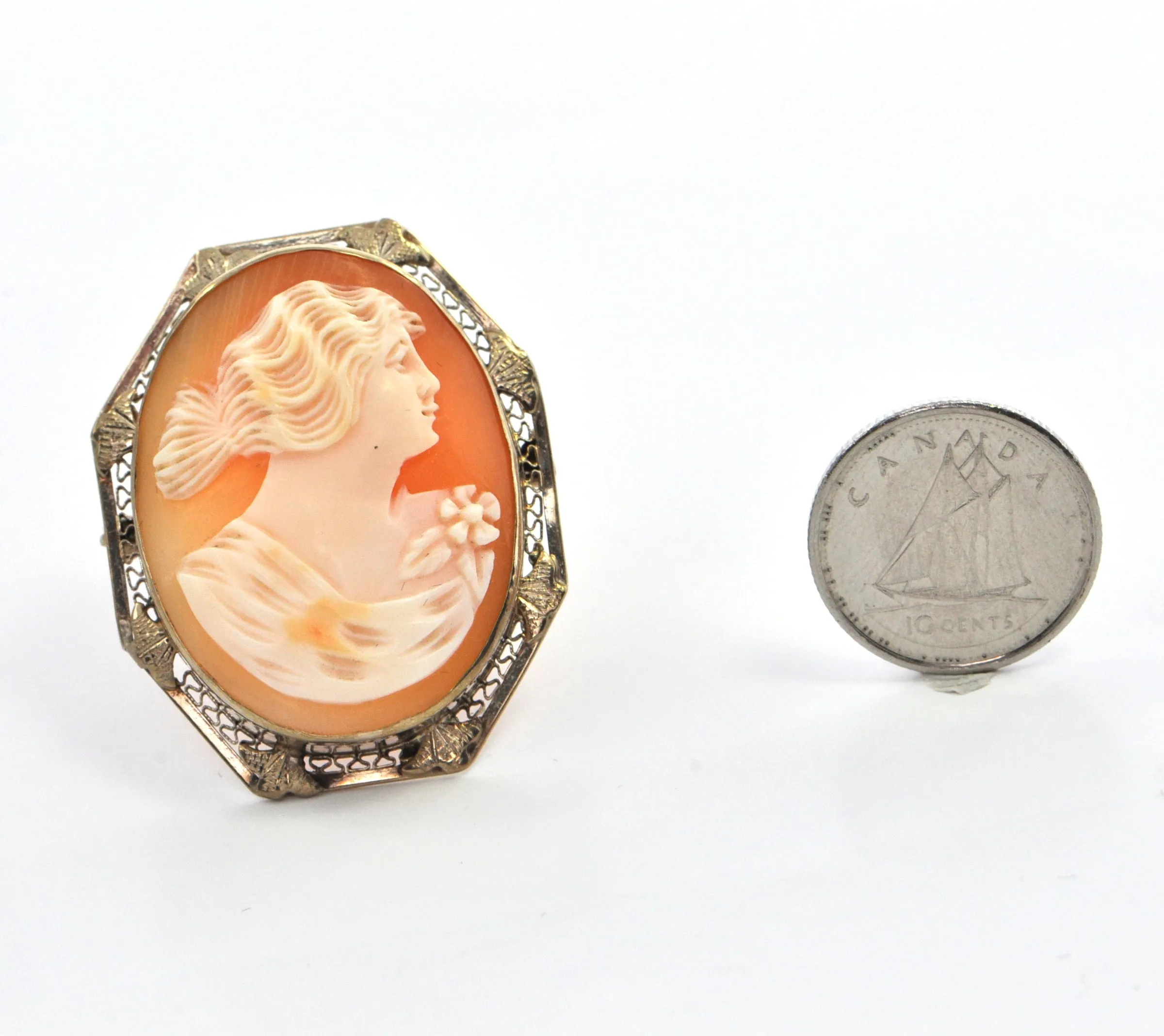 Vintage Shell Cameo Pendant/Brooch of Lady with Flowing Hair in 14k White Gold